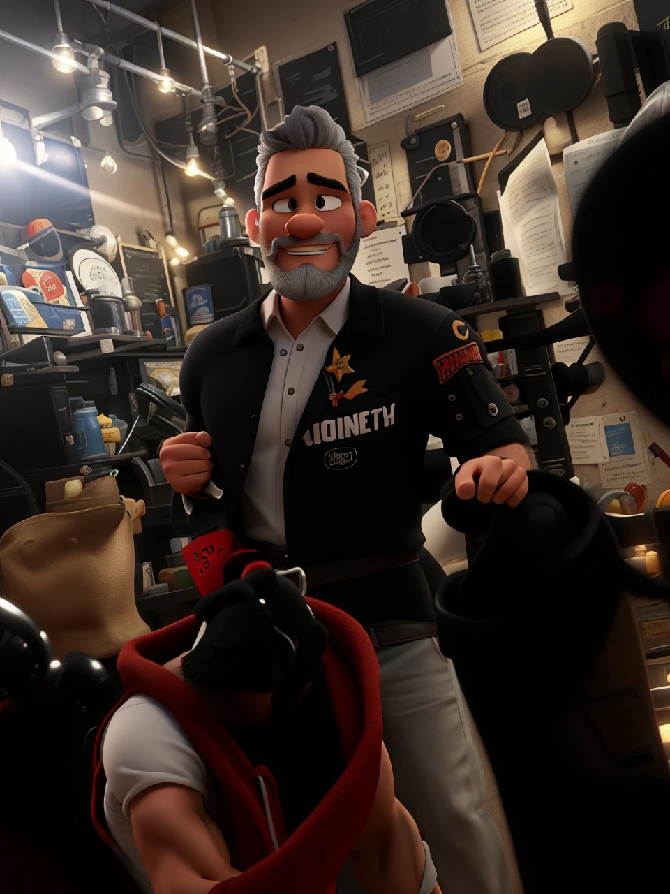 Poster not in Disney Pixar style, high quality, Best Quality, white sexy man, 30 years old gray hair black beard, muscular, with a background in a scientific style room, a lover of studies