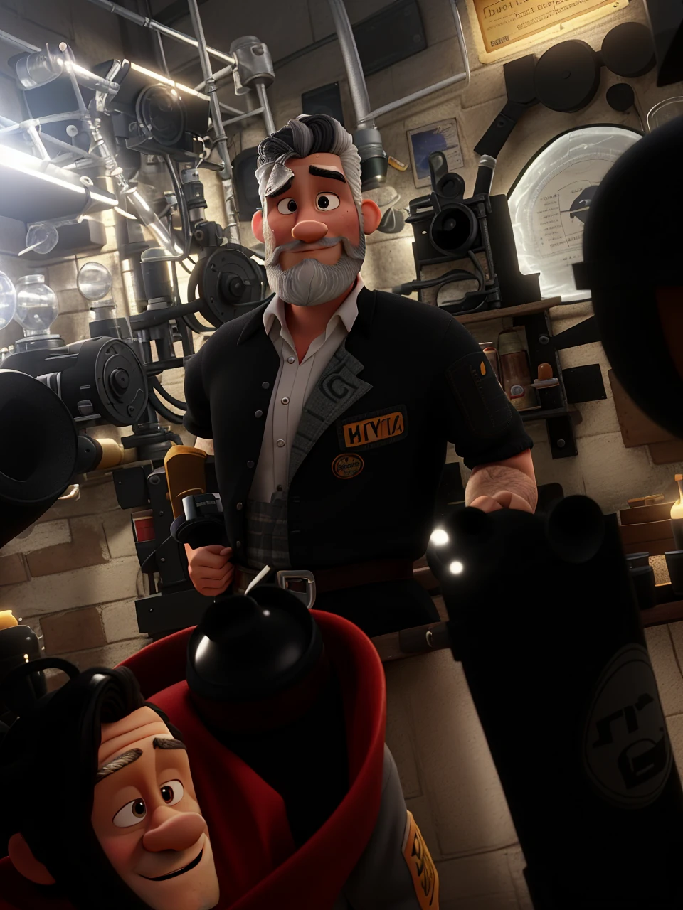 Poster not in Disney Pixar style, high quality, Best Quality, white sexy man, 30 years old gray hair black beard, muscular, with a background in a scientific style room, a lover of studies