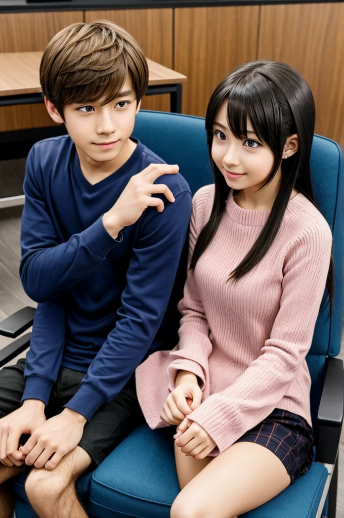 1 girl and 1 boy sit on the chair and pick hands AI anime 