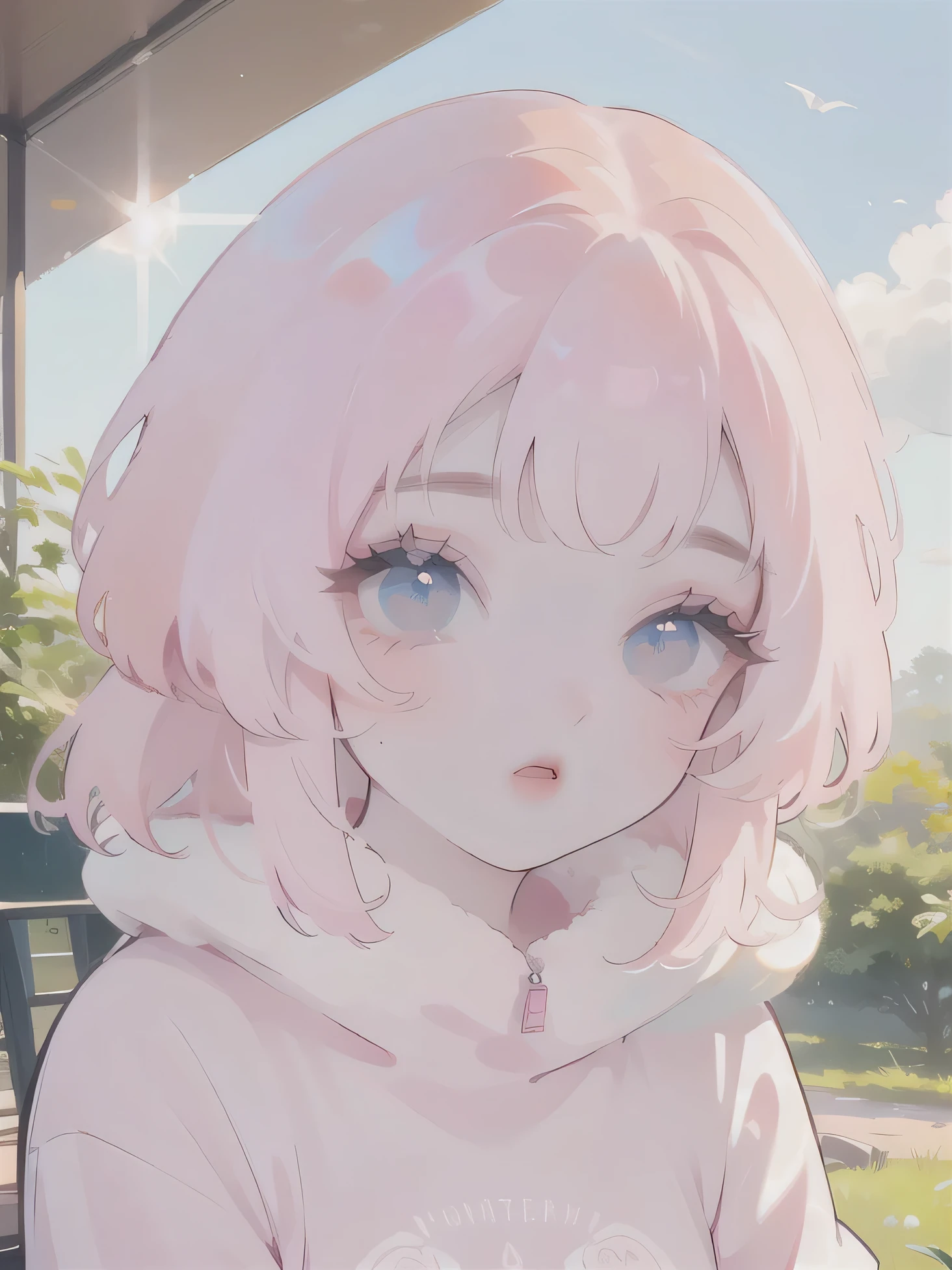 (high quality) (best quality) (a woman) (correct physiognomy) (perfect students) (perfect eyes) anime woman, deep pink long and fluffy hair pink, two rabbit ears coming out of her head, blue eyes, lips sensitive, feminine appearance, soft facial features, thin eyebrows, soft skin, rosy cheeks, pink lips, silky eyelashes, dreamy expression, middle age, youthful clothing, print sweatshirt, photo illuminated by sunlight, Woman sitting on forest.