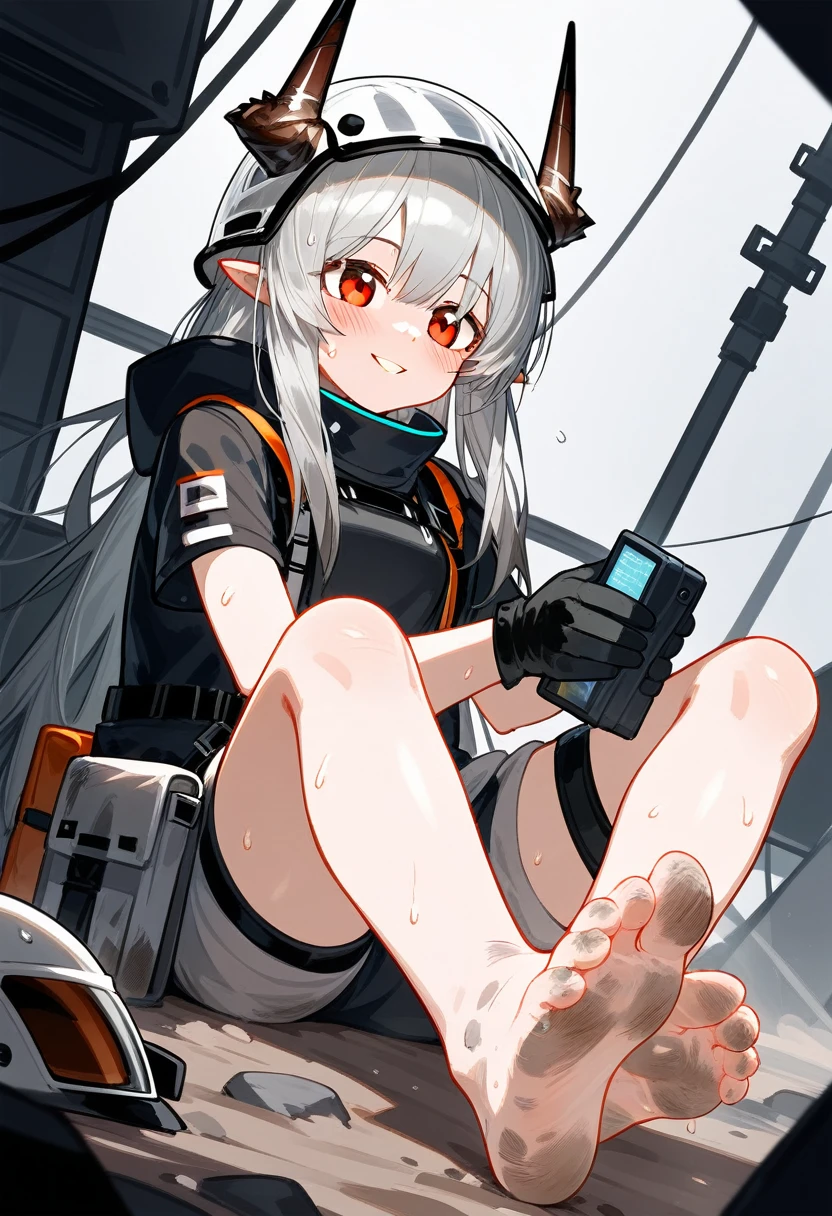 score_9,score_8_superior,score_7_superior,One girl,Mudstone (Arknights),dirty,feet,gloves,Helmet,horn,feet裏,Red eyes,裸feet,Pointed Ears,chest,alone,Long Hair,Gray Hair,black gloves,Toes,Helmet,feetのフォーカス,View your viewers,Sitting,Sweat,Part your lips,dirty feet,Holding,Outdoor,null,bangs,oripathy lesion (Arknights),Day,smile,blush,demon horn,infection monitor (Arknights),Shorthand,sun,