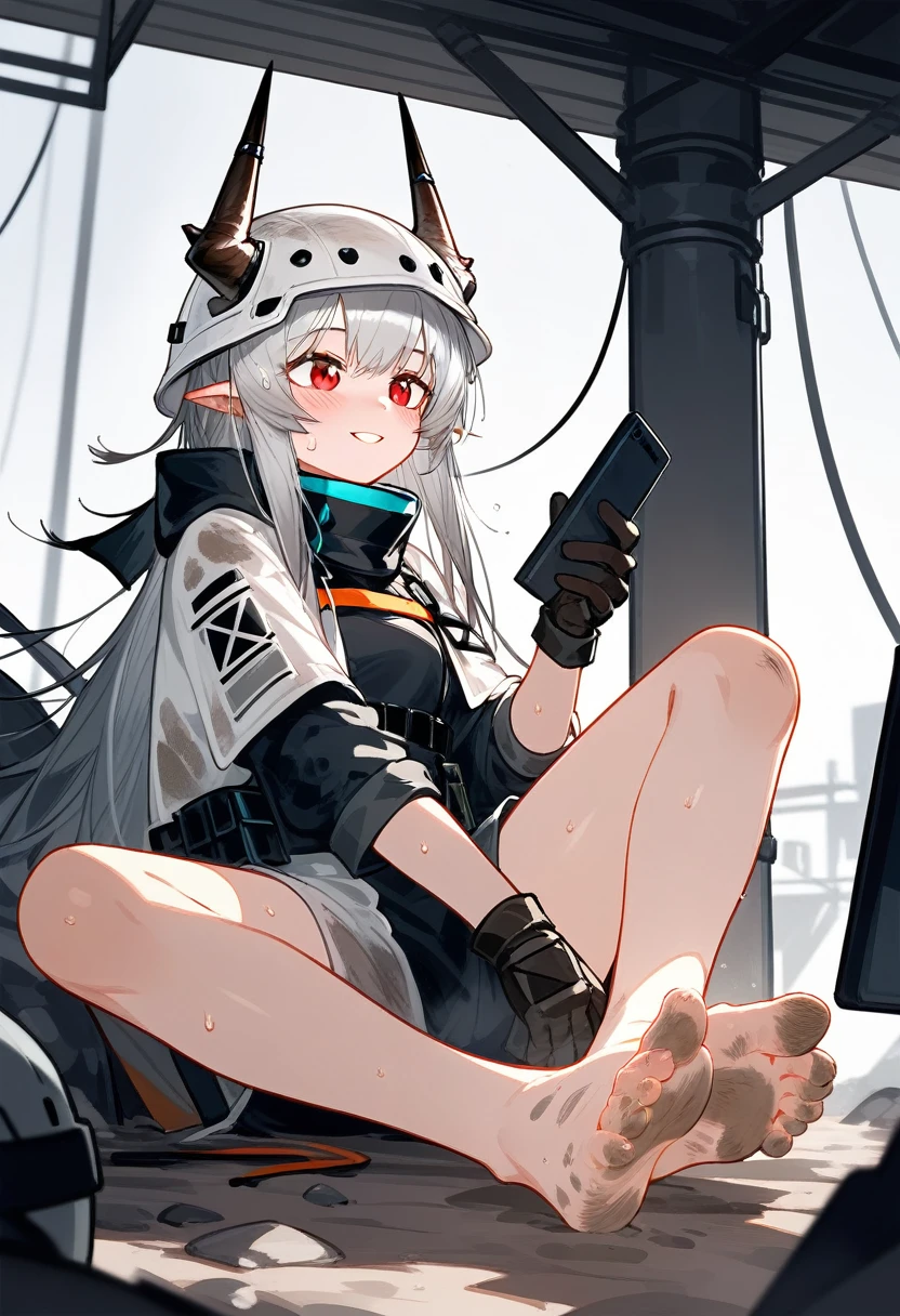 score_9,score_8_superior,score_7_superior,One girl,Mudstone (Arknights),dirty,feet,gloves,Helmet,horn,feet裏,Red eyes,裸feet,Pointed Ears,chest,alone,Long Hair,Gray Hair,black gloves,Toes,Helmet,feetのフォーカス,View your viewers,Sitting,Sweat,Part your lips,dirty feet,Holding,Outdoor,null,bangs,oripathy lesion (Arknights),Day,smile,blush,demon horn,infection monitor (Arknights),Shorthand,sun,