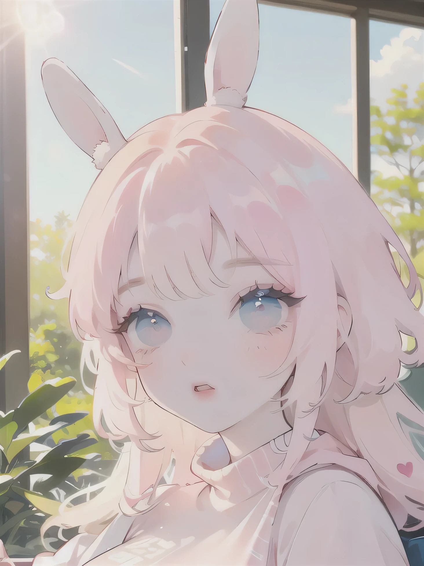 (high quality) (best quality) (a woman) (correct physiognomy) (perfect students) (perfect eyes) anime woman, deep pink long and fluffy hair pink, two rabbit ears coming out of her head, blue eyes, lips sensitive, feminine appearance, soft facial features, thin eyebrows, soft skin, rosy cheeks, pink lips, silky eyelashes, dreamy expression, middle age, youthful clothing, print sweatshirt, photo illuminated by sunlight, Woman sitting on forest.
