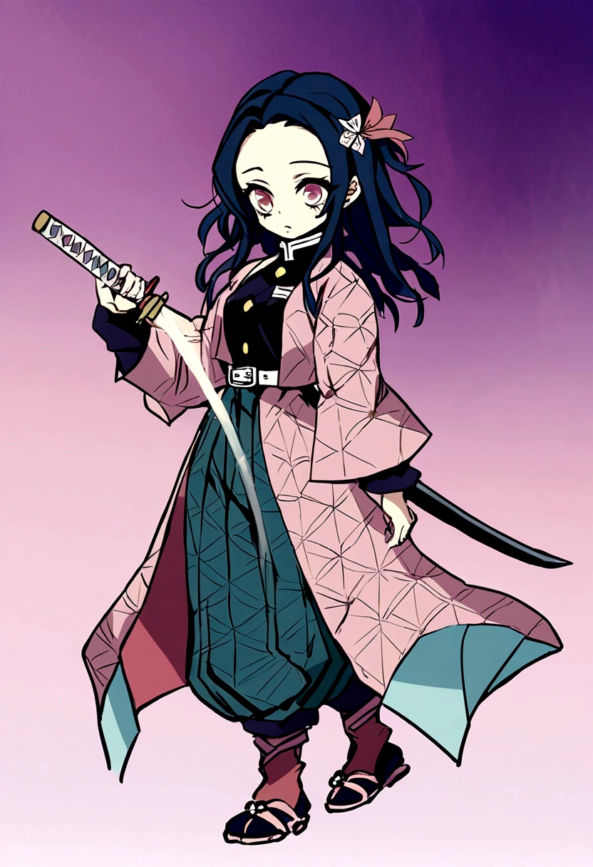 anime drawing inspired by Itō Ogura Yonesuke, trending on pixiv, shin hanga, in demon slayer art, kimetsu no yaiba, iconic demon slaying uniform, intricate patterns, sword on waist, simple back ground, full view,full body, whole body, all her body is seeable,1 girl, solo,tall hair,her hair is mostly pink with some blue,her hair is two colors (half pink and half light blue),
