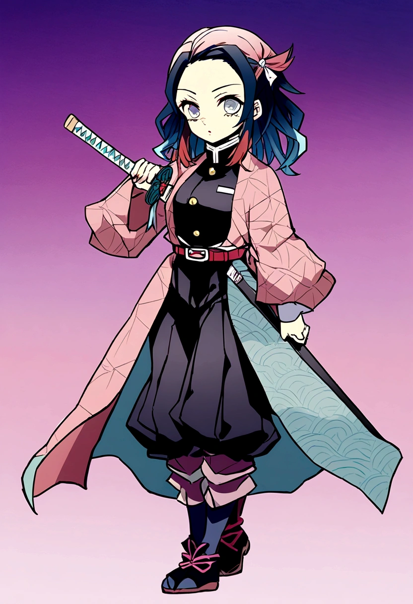 anime drawing inspired by Itō Ogura Yonesuke, trending on pixiv, shin hanga, in demon slayer art, kimetsu no yaiba, iconic demon slaying uniform, intricate patterns, sword on waist, simple back ground, full view,full body, whole body, all her body is seeable,1 girl, solo,tall hair,her hair is mostly pink with some blue,her hair is two colors (half pink and half light blue),