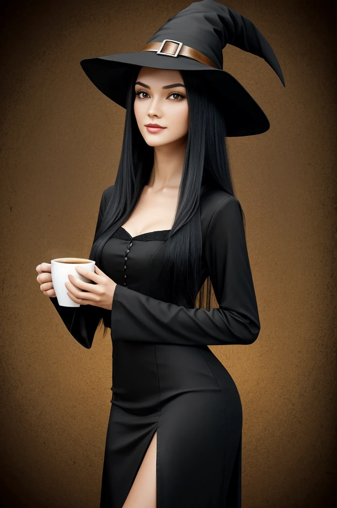 Long black hair witch, slender figure drinking coffee cartoon sharp hat