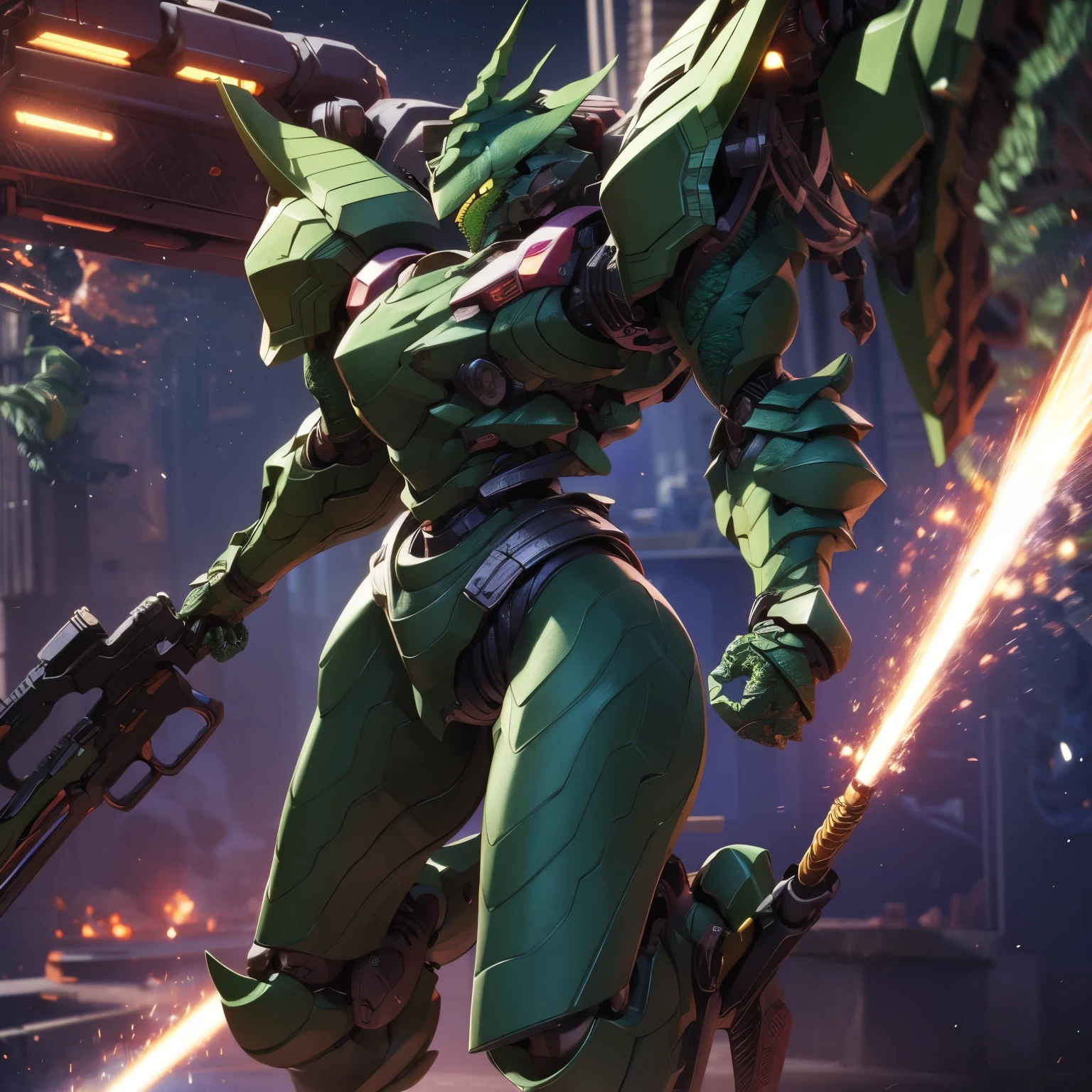 Slender mech holding a medium-sized shotgun. The twig-looking thrusters. (Rounded and smooth body 1:5, green scaly armor: 2). Carried two spare weapons, a closed-barreled shotgun and a heavy-caliber pistol. extremely detaild, 8k, HDR, naturallight, cinematic lighting, masterpiece-anatomy-perfect, ultra hd, (Space Combat:1.3, battlefield:1.3), raw photo, metallic, professional, ultra-fine painting, perfect body proportions, anatomically correct, UHD, real texture material, Anti-aliasing, FKA, THAI, SSAO, Post processing, Post Production, Tone Mapping, cgi, VFX, SFX, Hyper maximalist, volumetric, ultra photorealultra-detailed intricate details, (full body:1.5)