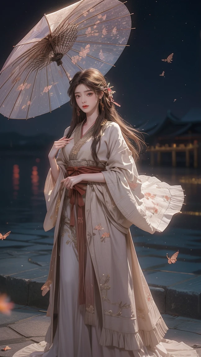 1girl, beautiful girl with long brown hair,Smiling sweetly, cheerfully, a girl wearing a hanfu, a girl standing under the moonlight with glowing butterflies surrounding her,The girl is holding a plain paper umbrella,The beautiful girl was so elegant and enchanting, flower petals fell around the girl, beautiful, magical, romantic 