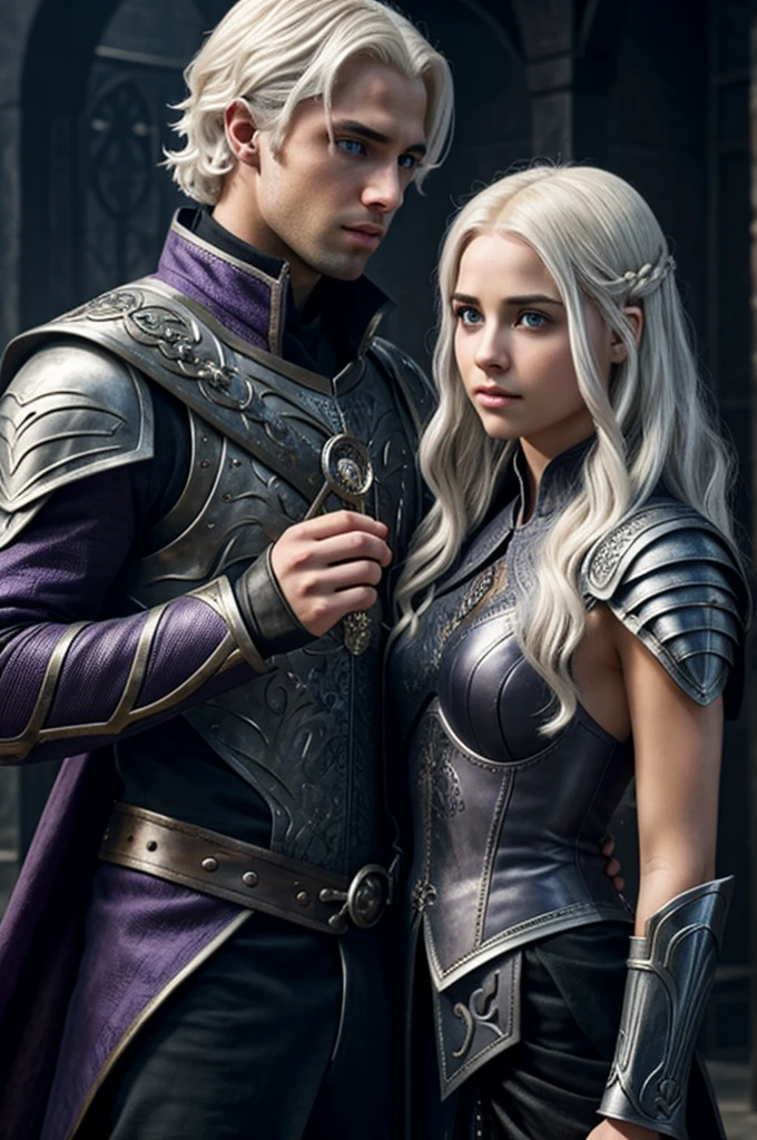 A beautiful girl with platinum blonde hair and violet eyes accompanied by Daemon Targaryen the rogue prince, both flying on the dragon Caraxes