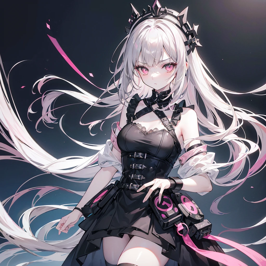 A 17-year-old girl, with gray hair and pink-toned eyes. Thin and pale skin, wearing a black dress with tulle and some accessories on her head, with a serious expression.