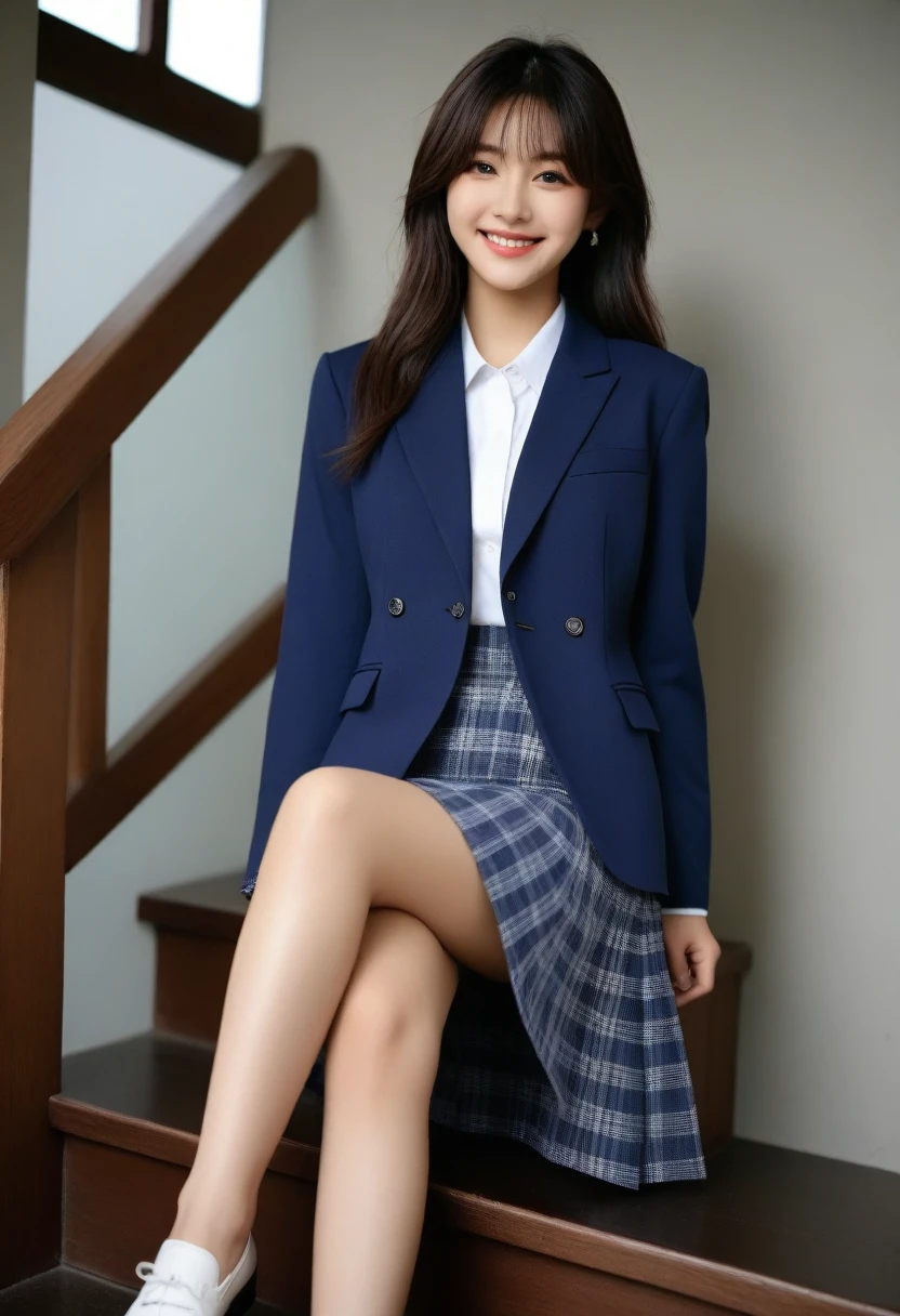 8K, Ultra-high resolution, Highest quality, masterpiece, 三分割法によるphotograph,Surreal, photograph, 1 Girl, (16 years old:1.3), pretty girl, Cute face, Beautiful eyes in every detail, 細かくdetailedに,masterpiece,, One Girl:1.2, Japan Female Announcer、Cowboy Shot,((very small head:1.3)),Center-parted bangs,amount,Black Hair,Long Hair,Iris,Gorgeous eyes,smile,((Toned body,Slender body,skinny)),(school uniform、Dark blue blazer jacket、Navy blue tie、Grey plaid pleated mini skirt,loafers),Glowing Skin,Shiny skin,Climbing the stairs,Fire escape in a building,Back view,Turn around and look at the audience,Beautiful leg line beauty,Captivating thighs,Full of sex appeal,Sensual,屈託のないsmile,Heal the heart,Ultra low angle、beauty,Long neck、Laugh a little、Please close your mouth and laugh、(((Ideal body type))),A cup small breasts :2,、Portraiture:2、Perfect Anatomy、鮮明なdetailed、detailed、Surreal、Light and shadow,Strong light
