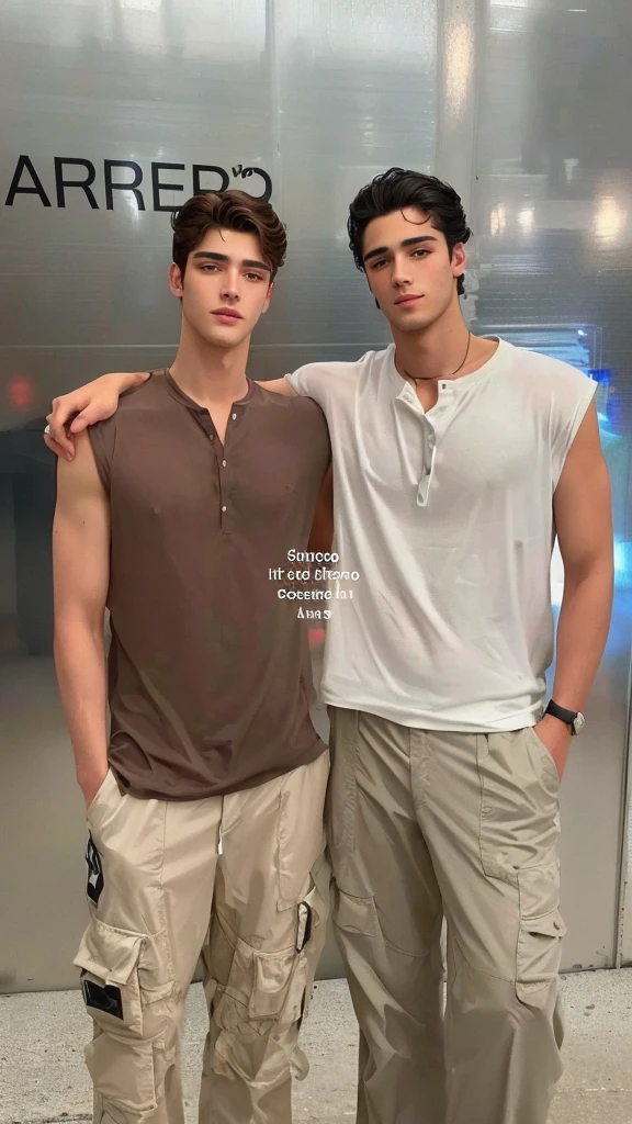 two men standing side by side in front of a sign, by Alexis Grimou, soft on _ the bottom, tall and handsome boys, ariana brand, zac retz, Two handsome men, in the set, petros and leonid, by Juan Carlos Stekelman, leaked image, handsome boys, siblings, They are close to each other, by Romano Vio with blue t-shirts