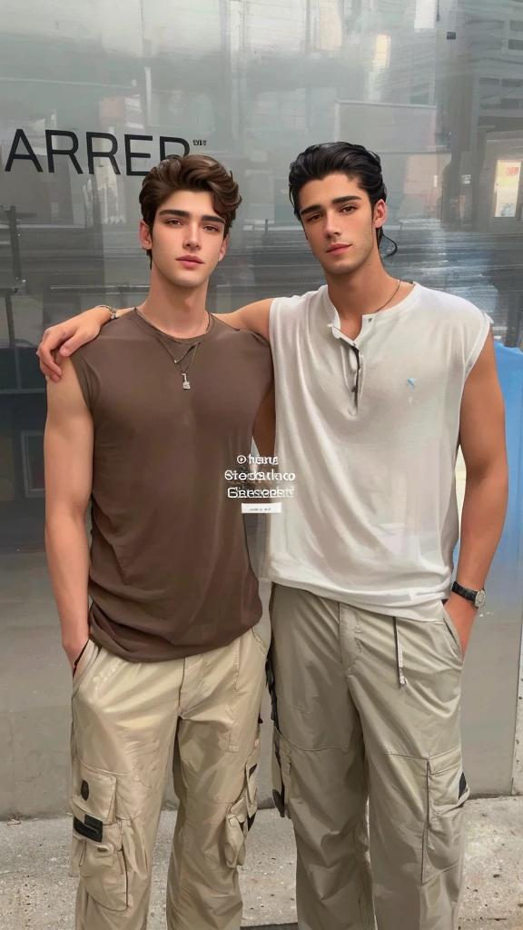 two men standing side by side in front of a sign, by Alexis Grimou, soft on _ the bottom, tall and handsome boys, ariana brand, zac retz, Two handsome men, in the set, petros and leonid, by Juan Carlos Stekelman, leaked image, handsome boys, siblings, They are close to each other, by Romano Vio with blue t-shirts