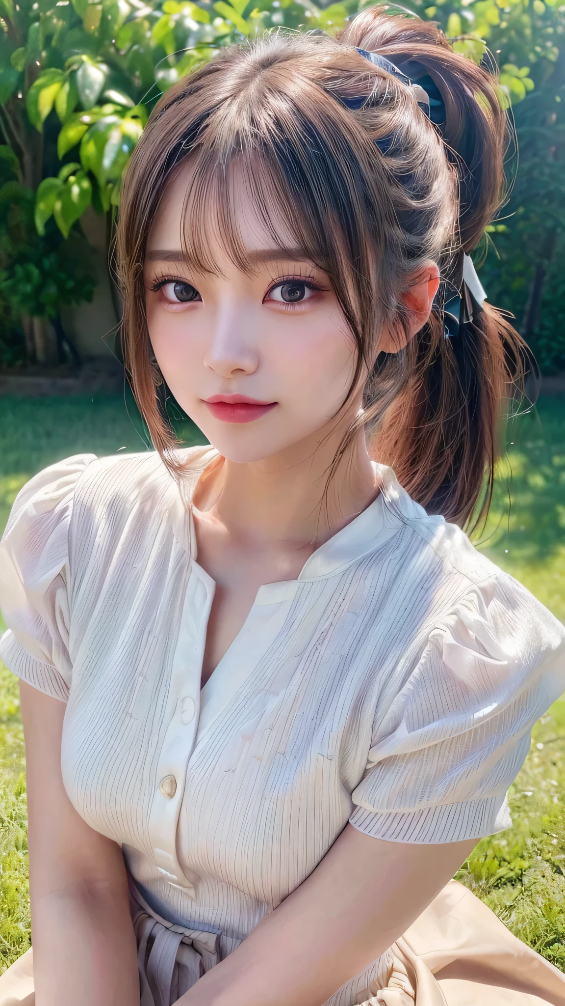 One piece with collar,outdoors,Urban Park,On the lawn,Ultra-detailed, finely detail, hight resolution, 8K Wallpaper, Perfect dynamic composition, Beautiful detailed eyes,Outdoor,Close-up of face,Outdoor,Blushing,Facing forward,,Long hair ponytail,((8k, Raw photo, Best Quality, Mastepiece:1.2), (Realism, Photorealistic:1.4), (Highly detailed 8K wallpapers), Depth of written boundary, Cinematic Lighting, Soft Light, Detailed Beauty Eye,Shiny and smooth light brown ponytail, Asymmetrical bangs, Shiny skin, Ultra-detailed skins ,It is high resolution., High detail, Detailed hairstyle, Detailed facial beauty, Hyper-realistic, Perfect limbs, Perfect Anatomy ,1 Japanese girl,Famous Japanese Idols, Perfect female body,A shy smile,Short eyelashes,Double-edged eyelids,Look straight here,Hair style: ponytail,