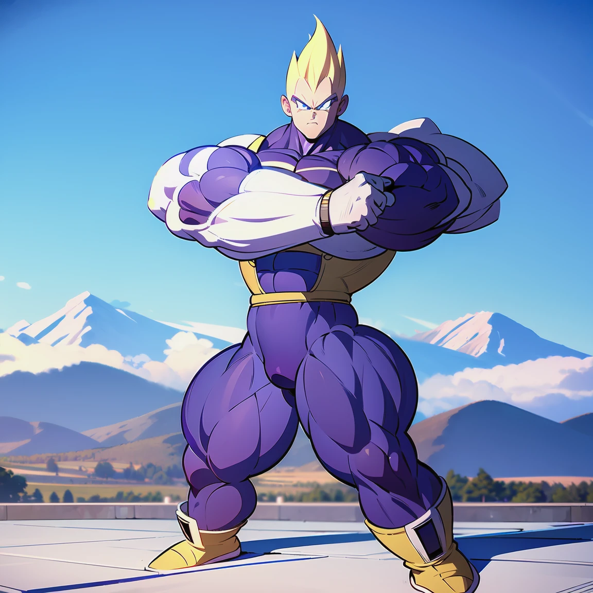 1boy, vegetass2, bodysuit, blue bodysuit, looking at viewer, blonde hair, gloves, green eyes, male focus, white gloves, armor, muscular, spiked hair, saiyan armor, from Dragon Ball Z, straddle stance, (huge muscles:1.6), full body, yellow aura, electricity, Dragon Ball Z artstyle, in the style of Akira Toriyama, white tiled floor, outdoors, flat-top mountains, Extreme Wide shot, Low Angle Shot, , masterpiece, best quality, very aesthetic, absurdres