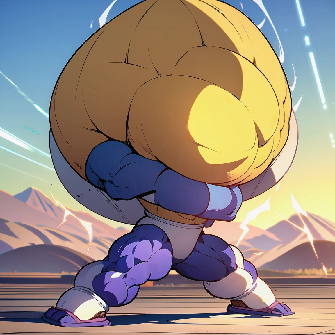 1boy, vegetass2, bodysuit, blue bodysuit, looking at viewer, blonde hair, gloves, green eyes, male focus, white gloves, armor, muscular, spiked hair, saiyan armor, from Dragon Ball Z, straddle stance, (huge muscles:1.6), full body, yellow aura, electricity, Dragon Ball Z artstyle, in the style of Akira Toriyama, white tiled floor, outdoors, flat-top mountains, Extreme Wide shot, Low Angle Shot, , masterpiece, best quality, very aesthetic, absurdres