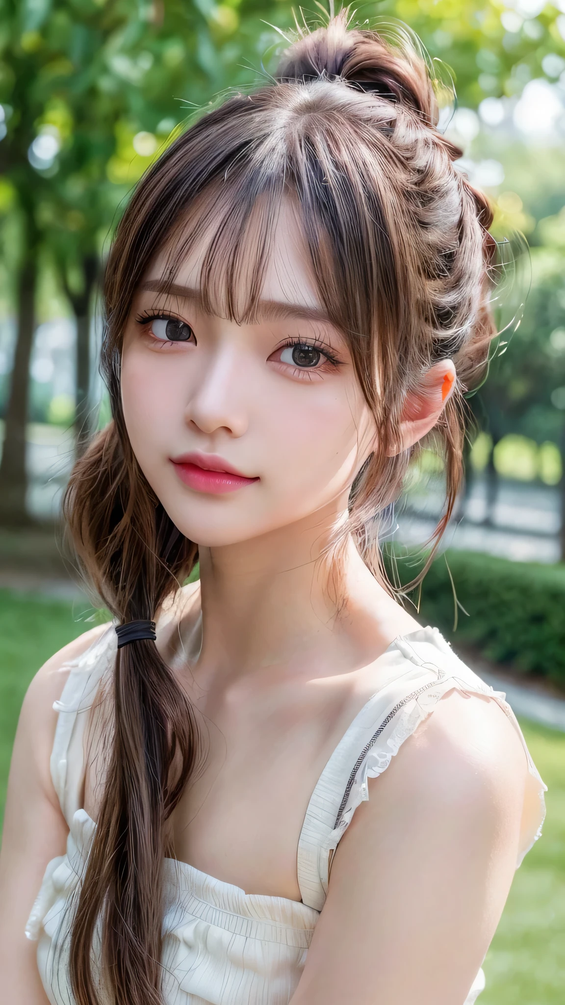 One piece with collar,outdoors,Urban Park,On the lawn,Ultra-detailed, finely detail, hight resolution, 8K Wallpaper, Perfect dynamic composition, Beautiful detailed eyes,Outdoor,Close-up of face,Outdoor,Blushing,Facing forward,,Long hair ponytail,((8k, Raw photo, Best Quality, Mastepiece:1.2), (Realism, Photorealistic:1.4), (Highly detailed 8K wallpapers), Depth of written boundary, Cinematic Lighting, Soft Light, Detailed Beauty Eye,Shiny and smooth light brown ponytail, Asymmetrical bangs, Shiny skin, Ultra-detailed skins ,It is high resolution., High detail, Detailed hairstyle, Detailed facial beauty, Hyper-realistic, Perfect limbs, Perfect ??????? ,1 Japanese girl,Famous Japanese Idols, Perfect female body,A shy smile,Short eyelashes,Double-edged eyelids,Look straight here,Hair style: ponytail,