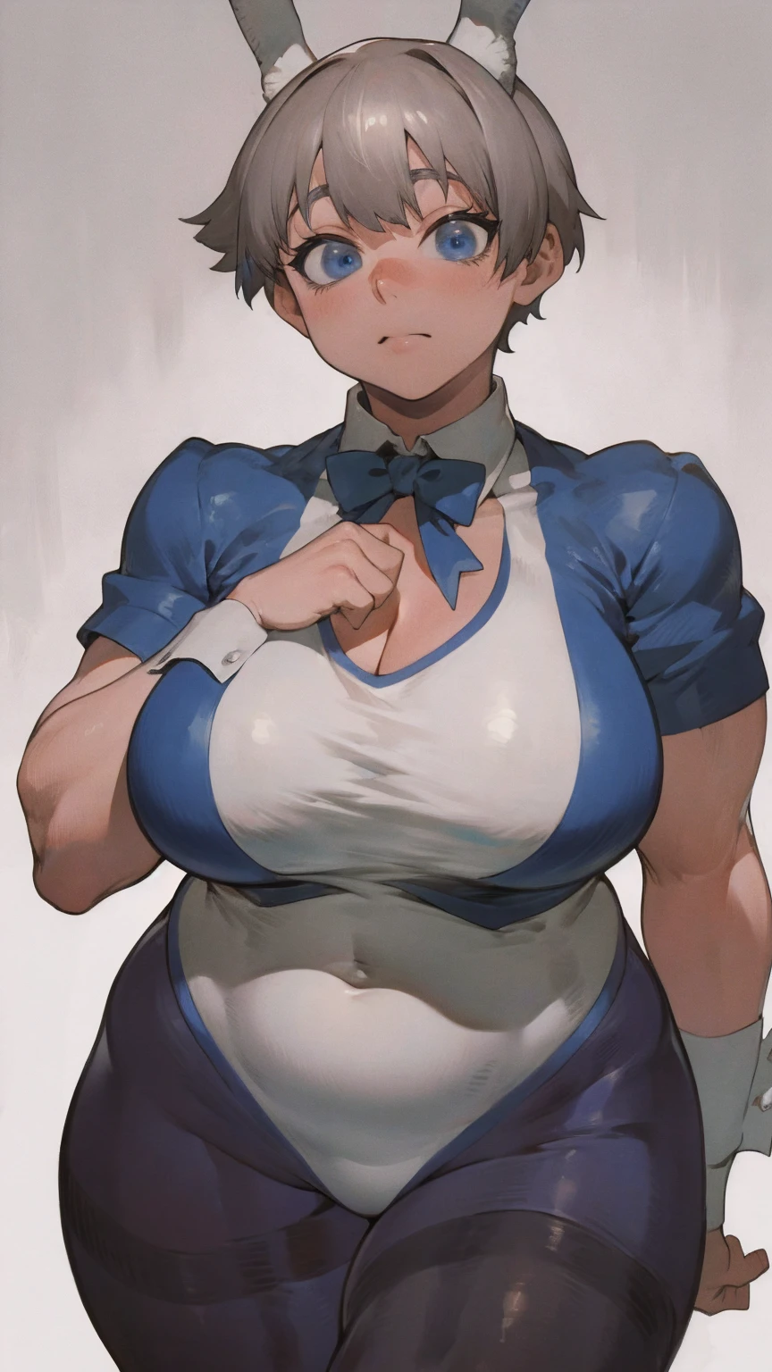 masterpiece, best quality, ultra-detailed, Potrait of beautiful , (chubby) (muscular), (plump), (sexly), (cleavage), ((tomboy)), (アニメ), (Breasts), (Plump), ((very short hair)), ((Uzaki Hana)), (overweight), (Gray Hair) (Wearing black tights), ((Saggy breasts)), (blue eyes), (Short Hair), (blue eyes), ((thick)), (bunny girl), (fullbody), (Bunny ears)