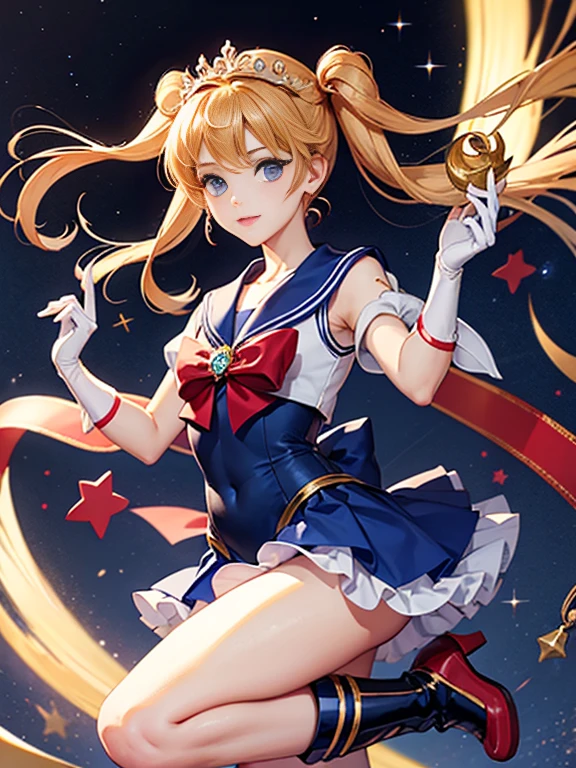 sailormoon、uniform with sailor collar、Blue or white、front red ribbon front（crescent） a blond、long twintails、Her blue eyes are held together with a ribbon behind her, and she wears a small tiara on her head.、Designed with a crescent moon symbol、gloves 、The design matches the uniform as it wears boots.、sitted, Open your legs。