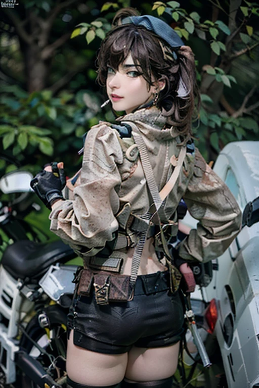 19 years old, (milf:0.8), (solo:1.5), (sfw:1.25), sexy breast, beautiful breasts, (medium tits:0.8), thin waist, big ass:1.0, Raised sexy, (black beret,black military jacket, open clothes, cleavage, midriff, black shorts, black thighhighs, thigh strap, fingerless gloves, single glove:1.2), blue eyes, light smile, big , Revimpling fabric, earrings, Hand gloves, detailed face,(hold a cigarette:1.1),long hair,side ponytail,hair between eyes,bangs,detailed and beautiful eyes,beautiful detailed lips,Rolling her eyes,manner,hair over one eye, (ultra high resolution, 8K RAW photo, photo realistics, thin outline:1.3, clear focus), best qualtiy, natural lighting, textile shading, field depth, (Bright pupils, fine detailed beautiful eyes with highlight:1.3, high detailed face), Red lip, fine realistic skins:1.1, looking down viewers:1.3, (dynamic angle:1.3, front view:1.1, breast focus:1.3, from above:1.2), (dynamic posing:1.5, sexy posing:1.2),Youghal, side lock, hair ornaments,nice,garden background,artistic rendering,Super detailed,(highest quality,4k,8K,High resolution,masterpiece:1.2),Bright colors,studio lighting ,at military base in usa