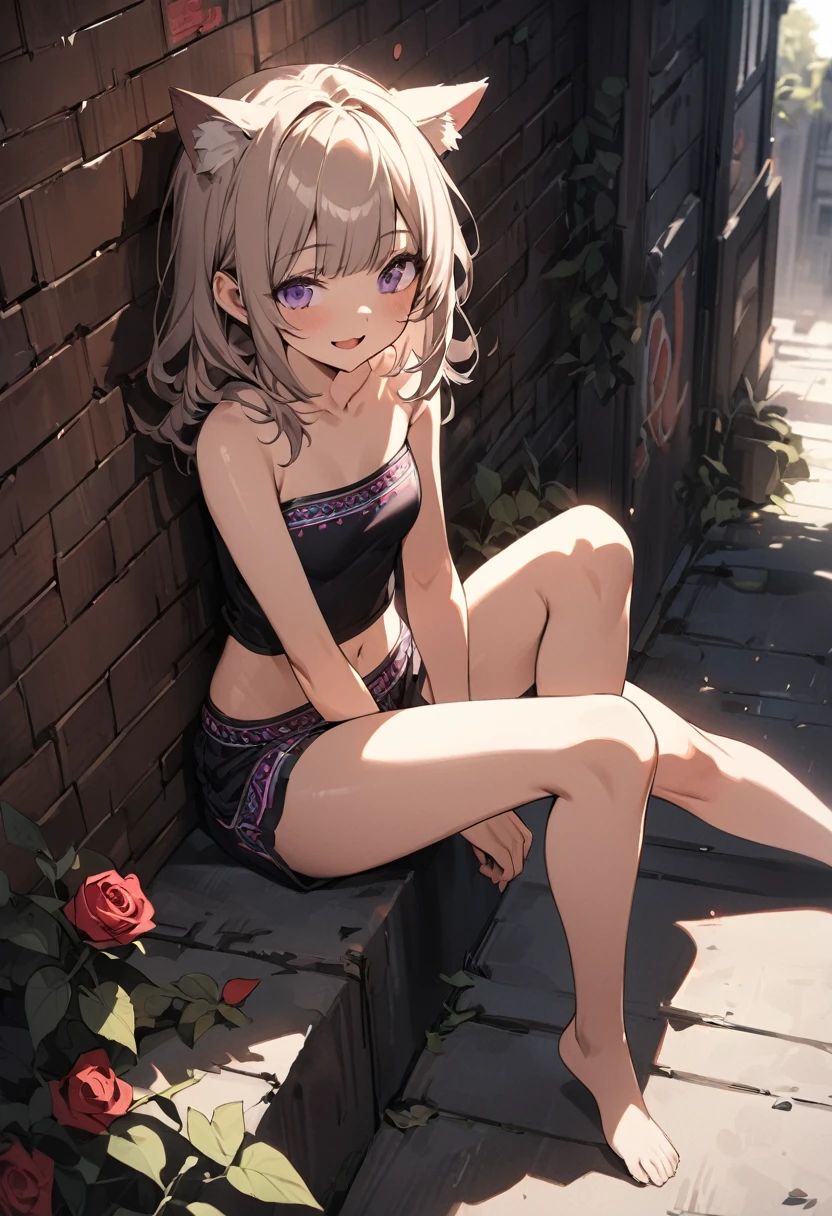 ((Masterpiece)), ((best quality)), (Anime:1.3), (super detail:1.2),(High Definition:1.3), (Professional Photography:1.2), (wide shot), cinematic lighting, (sharp focus), (perfect light), ((1girl)), (()), (full body), looking up, messy medium hair, Beautiful collarbone, ((Embroidered Tribal black tubutop)), strapless, (bare arms), cute navel, (Tribal boxer shorts), (Healthy slim body), (loose blunt bangs), Slender body, glossy skin, (naughty smile), open mouth, ((Beautiful purple eyes)), Textured skin, (Cat ears), (Pale brown hair), Cute Beautiful Girl, (slightly exposed medium breast), BREAK, ((best quality)), (full body), ((1girl)), (loose sitting against the Brick wall with roses), Wall with graffiti of roses, (sharp focus), (perfect light),