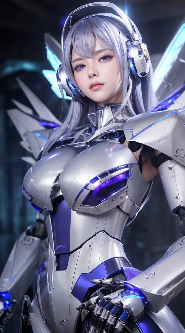 ((Intense action pose:1.6))、((Shining lenses on both breasts:1.3))、((Blue pillars of light are emanating from both chests.:1.3))、smile、((8K)), ((32k)), ((Highest quality)), ((masterpiece)), ((超A high resolution)), ((Tmasterpiece)), ((Halation:1.4))、((Mechaニカルheadgear:1.2))、((Cyber Headphones:1.3))、Fine skin, High quality fabric, Fine metal texture、((Beautiful and dense face))、RAW Photos、Professional, Ultra-fine painting, ((alone)), Beautiful breasts、Highest quality, Very detailed, Very detailed詳細, Finer details, so beautiful, ((Princess Knight Robot:1.2)), (Joints of machines, Mechanical Limbs:1.3), (The internal structure of the machine is exposed:1.3), (Long silver hair:1.1), (Beautiful and huge mechanical breasts)、White Veil, cowboy_shot, Side Focus, headgear, Shiny、(Five Fingers, Four fingers and thumb),Concept Art, Anime fantasy artwork, Detailed fantasy art, (with pale blue-violet hair and large white wings,,,,,,,), (((Long silver hair))), (Mecha:1.6)、Sleek and intimidating design, ((Commander-in-Chief'arm)), (Perfect robot body)、純白と青紫armまたは, Symmetrical wings, 8K high quality, detailed art, 3D rendering of character art in 8K, neat legs, Defined, Defined fingers,
