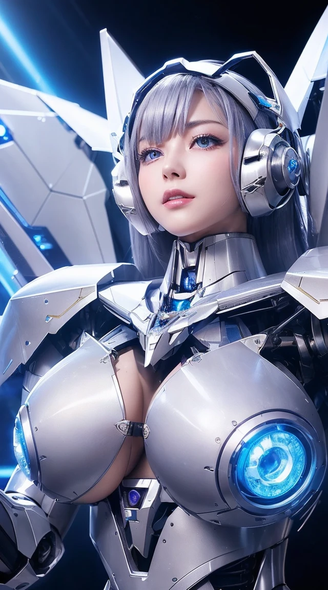 ((Intense action pose:1.6))、((Shining lenses on both breasts:1.3))、((Blue pillars of light are emanating from both chests.:1.3))、smile、((8K)), ((32k)), ((Highest quality)), ((masterpiece)), ((超A high resolution)), ((Tmasterpiece)), ((Halation:1.4))、((Mechaニカルheadgear:1.2))、((Cyber Headphones:1.3))、Fine skin, High quality fabric, Fine metal texture、((Beautiful and dense face))、RAW Photos、Professional, Ultra-fine painting, ((alone)), Beautiful breasts、Highest quality, Very detailed, Very detailed詳細, Finer details, so beautiful, ((Princess Knight Robot:1.2)),  (Joints of machines, Mechanical Limbs:1.3), (The internal structure of the machine is exposed:1.3), (Long silver hair:1.1), (Beautiful and huge mechanical breasts)、White Veil, cowboy_shot, Side Focus, headgear, Shiny、(Five Fingers, Four fingers and thumb),Concept Art, Anime fantasy artwork, Detailed fantasy art, (with pale blue-violet hair and large white wings,,,,,,,), (((Long silver hair))), (Mecha:1.6)、Sleek and intimidating design, ((Commander-in-Chief&#39;arm)), (Perfect robot body)、純白と青紫armまたは, Symmetrical wings, 8K high quality, detailed art, 3D rendering of character art in 8K, neat legs, Defined, Defined fingers,