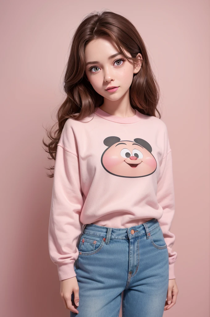 Funnily film character, disney pixar style,3d,with brown hair, Bullish, pink eyes, baggy jeans, face with mocking expression, light pink skin, white background 8k quality