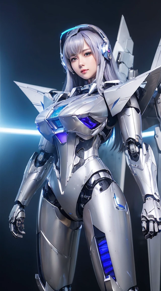 ((Intense action pose:1.6))、((Shining lenses on both breasts:1.3))、((Blue pillars of light are emanating from both chests.:1.3))、smile、((8K)), ((32k)), ((Highest quality)), ((masterpiece)), ((超A high resolution)), ((Tmasterpiece)), ((Halation:1.4))、((Mechaニカルheadgear:1.2))、((Cyber Headphones:1.3))、Fine skin, High quality fabric, Fine metal texture、((Beautiful and dense face))、RAW Photos、Professional, Ultra-fine painting, ((alone)), Beautiful breasts、Highest quality, Very detailed, Very detailed詳細, Finer details, so beautiful, ((Princess Knight Robot:1.2)), (Joints of machines, Mechanical Limbs:1.3), (The internal structure of the machine is exposed:1.3), (Long silver hair:1.1), (Beautiful and huge mechanical breasts)、White Veil, cowboy_shot, Side Focus, headgear, Shiny、(Five Fingers, Four fingers and thumb),Concept Art, Anime fantasy artwork, Detailed fantasy art, (with pale blue-violet hair and large white wings,,,,,,,), (((Long silver hair))), (Mecha:1.6)、Sleek and intimidating design, ((Commander-in-Chief'arm)), (Perfect robot body)、純白と青紫armまたは, Symmetrical wings, 8K high quality, detailed art, 3D rendering of character art in 8K, neat legs, Defined, Defined fingers,