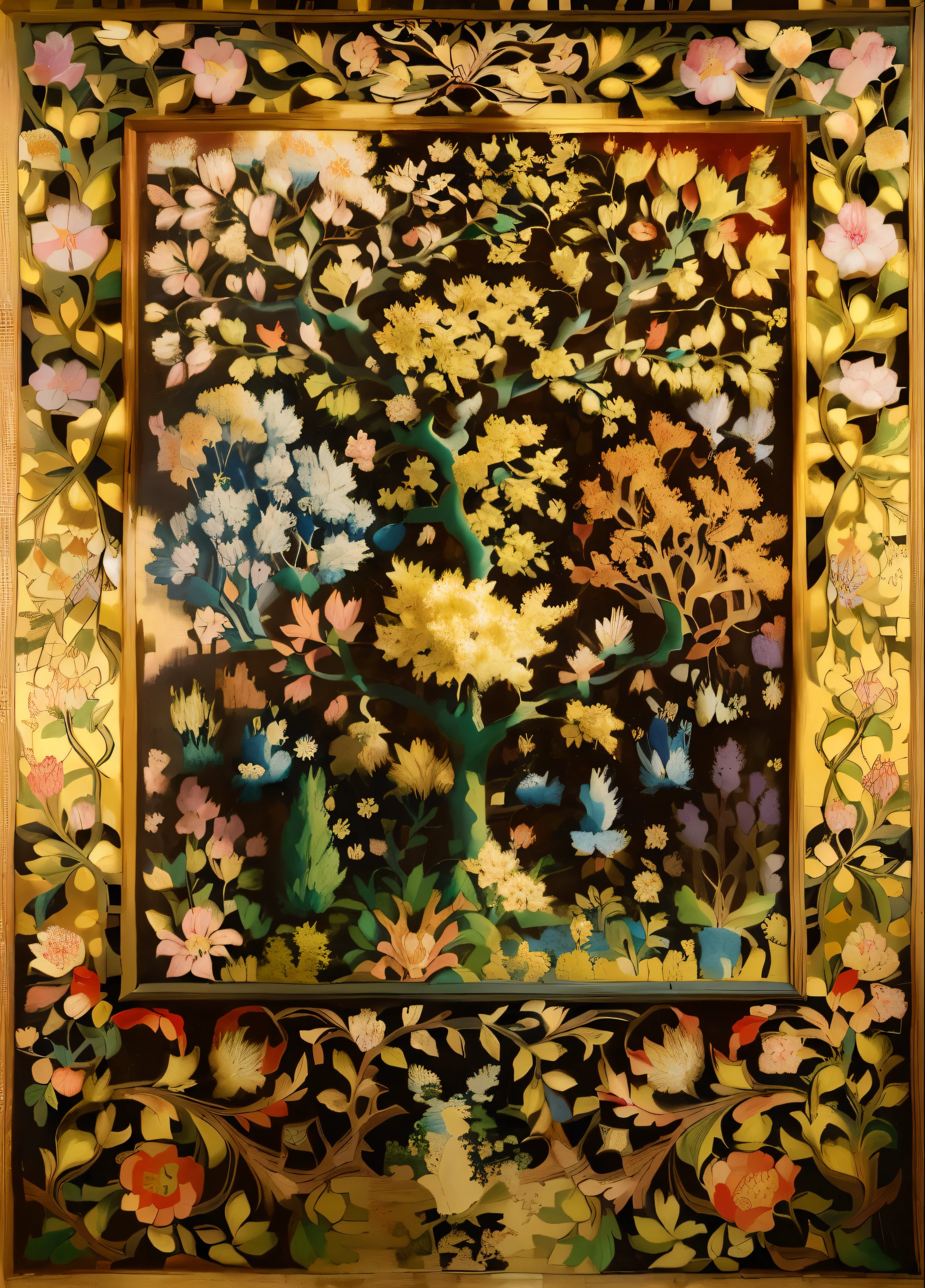 a painting of a tree with flowers and birds in a frame, by William Morris, inspired by William Morris, william morris style, style of william morris print, arts and crafts movement, the tree of life, tree of life, intricate tapestry, intricate classic art, 17th-century, detailed trees in bloom, tree of life seed of doubt, medieval tapestry
