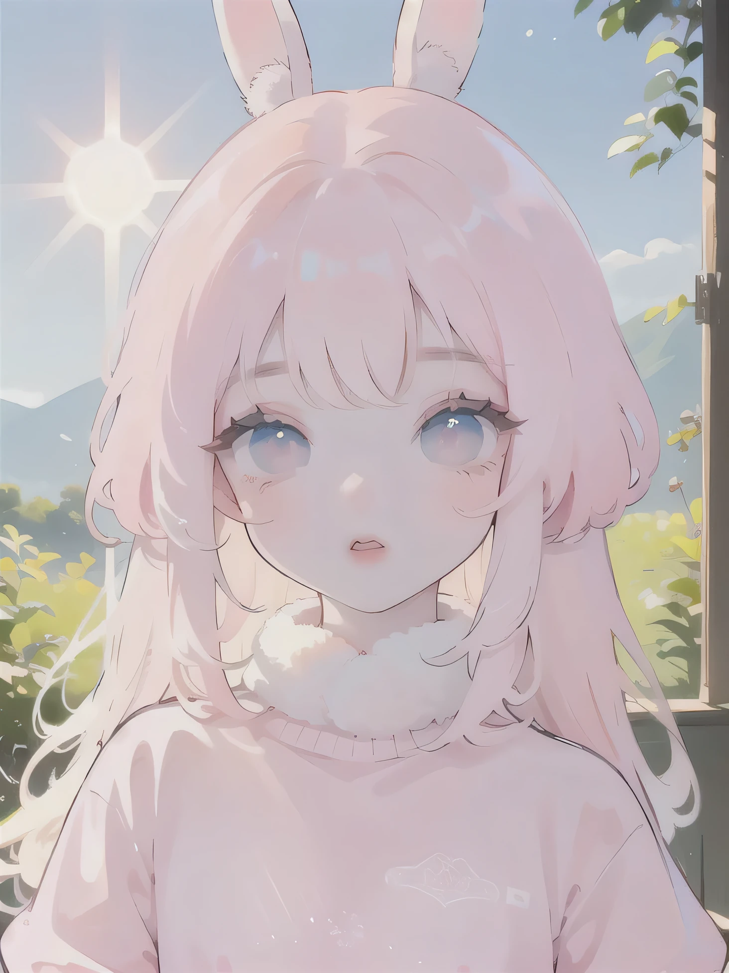 (high quality) (best quality) (a woman) (correct physiognomy) (perfect students) (perfect eyes) anime woman, deep pink long and fluffy hair pink, two rabbit ears coming out of her head, blue eyes, lips sensitive, feminine appearance, soft facial features, thin eyebrows, soft skin, rosy cheeks, pink lips, silky eyelashes, dreamy expression, middle age, youthful clothing, print sweatshirt, photo illuminated by sunlight, Woman sitting on forest.