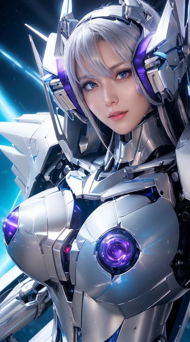 ((Extreme close up:1.6))、(((Lenses shining on both breasts:1.3)))、((A blue pillar of light emanates from both of his chests..:1.3))、break、(((Dynamic pose:1.8)))、smile、((8K)), ((32k)), ((Highest quality)), ((masterpiece)), ((超A high resolution)), ((Tmasterpiece)), ((Halation:1.4))、((Mechaニカルheadgear:1.2))、((Cyber Headphones:1.3))Fine skin, High quality fabric, High-quality metal texture、((Beautiful and dense face))、RAW Photos、Professional, Ultra-fine painting, ((alone)), Beautiful breasts、Highest quality, Very detailed, Very detailed詳細, Finer details, so beautiful, ((Princess Knight Robot:1.2)), (Joint of the machine, Mechanical Limbs:1.3), (The internal structure of the machine is exposed:1.3), (Long silver hair:1.1), (Beautiful and huge mechanical breasts)、White Veil, cowboy_shot, Side Focus, headgear, Shiny、(Five Fingers, Four fingers and thumb),Concept Art, Anime fantasy artwork, Detailed fantasy art, (with pale blue-violet hair and large white wings,,,,,,,,), (((Long silver hair))), (Mecha:1.6)、Sleek and intimidating design, ((Commander-in-Chief'arm)), (Perfect robot body)、純白と青紫のarmまたは, Symmetrical wings, 8K High Resolution, Detailed Art, 3D rendering of character art in 8K, neat legs, Defined, Defined fingers,((headshot:1.3))