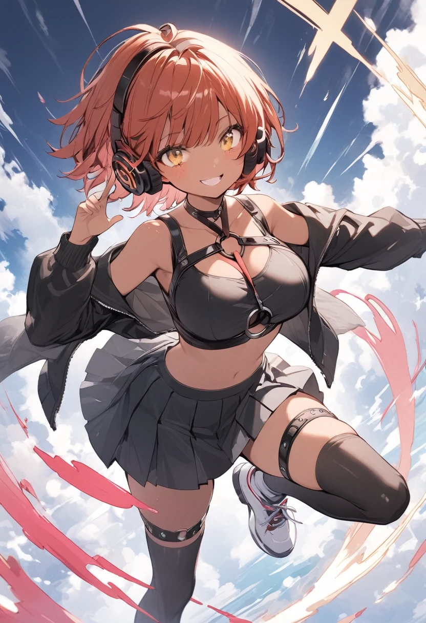full body,1 woman, 20 years old (cute:1.3),short red Hair, left eye blue, right eye yellow, tan skin, freckles,{open sexy clothes, black skirt, Black stockings, long sleeves, chest harness, black shirt, crop top, miniskirt, Shoes, futuristic headphone, O-Ring, midriff, off shoulder, big breasts, thigh strap, pleated skirt, Glossy, shiny material, sprinting across the frame