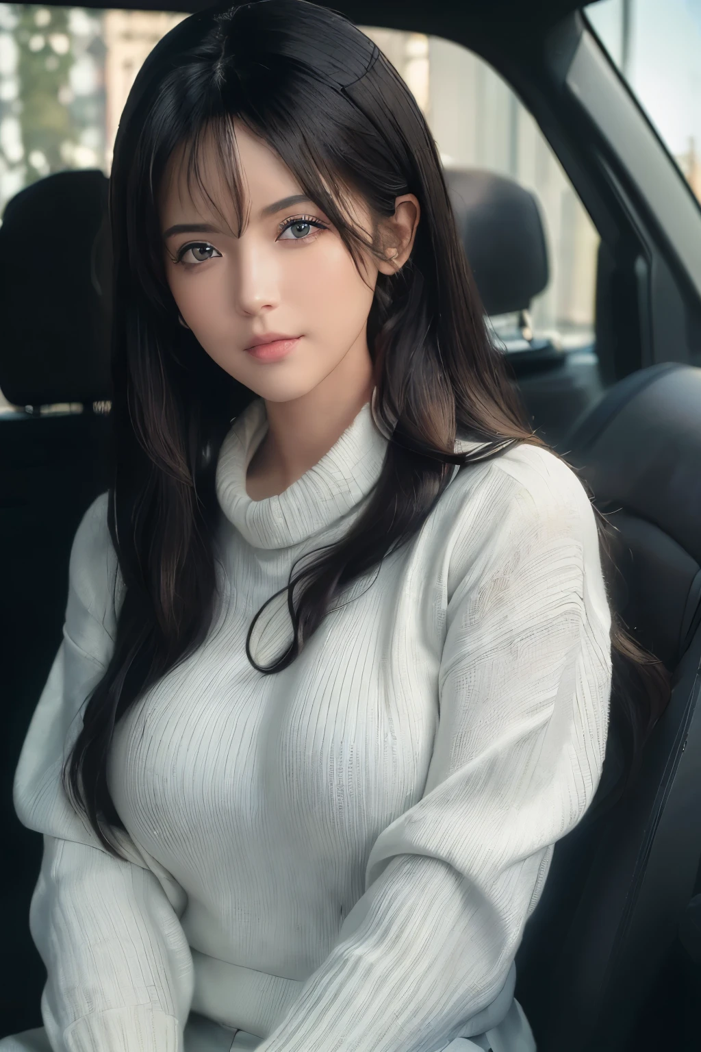 (masterpiece:1.3), (8k, photorealistic, RAW photo, best quality: 1.4), (1girl), beautiful face in the car, (realistic face), (black hair, long hair:1.3), beautiful hairstyle, realistic eyes, beautiful detailed eyes, (realistic skin), beautiful skin, (sweater), absurdres, attractive, ultra high res, ultra realistic, highly detailed, golden ratio