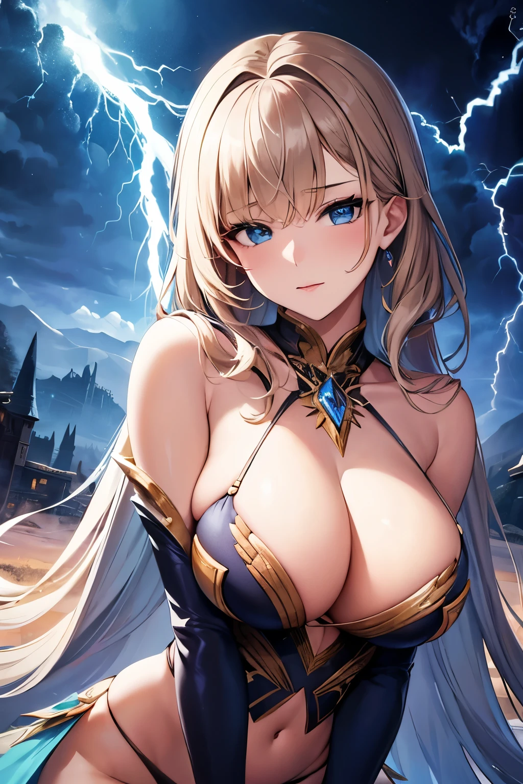 Masterpiece, Best Quality, Beautiful Girl, Beautiful Face, Fantasy, Lightning, Magic, Big Breasts, Cleavage, Sexy,