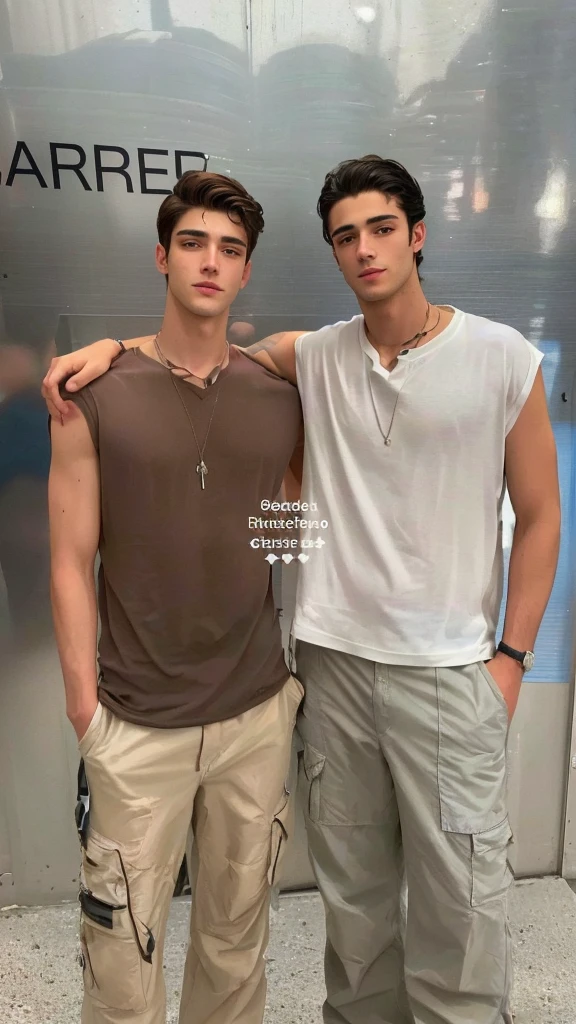 two men standing side by side in front of a sign, blue t-shirt by Alexis Grimou, soft on _ the bottom, tall and handsome boys, ariana brand, zac retz, Two handsome men, in the set, petros and leonid, by Juan Carlos Stekelman, leaked image, handsome boys, siblings, They are close to each other, by Romano Vio with blue t-shirts