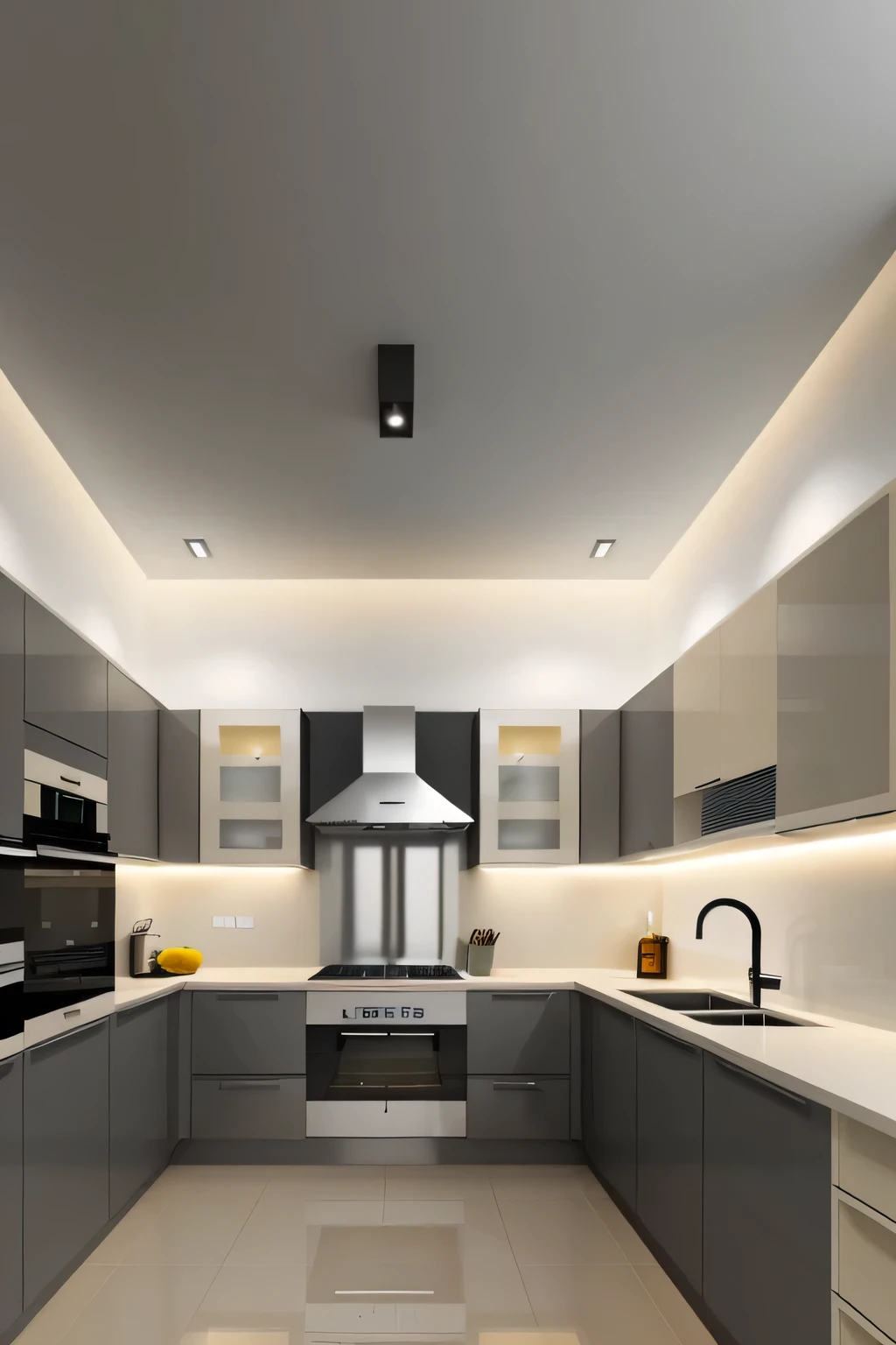Professional 3d architecture rendering design of modern and minimal kitchen with light mink gray color and thunder gray color and light cream color and black color