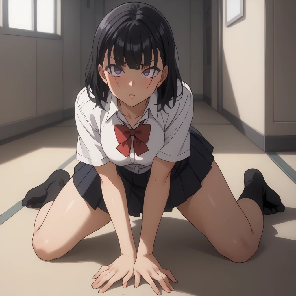 blush,parted lips,
solo,
MisaoTakamine,1girl,black hair,middle hair,purple eyes,
school_uniform,white shirt,red bowtie,short_sleeves,
pleated_skirt,black skirt,
black socks,
full body,all fours,