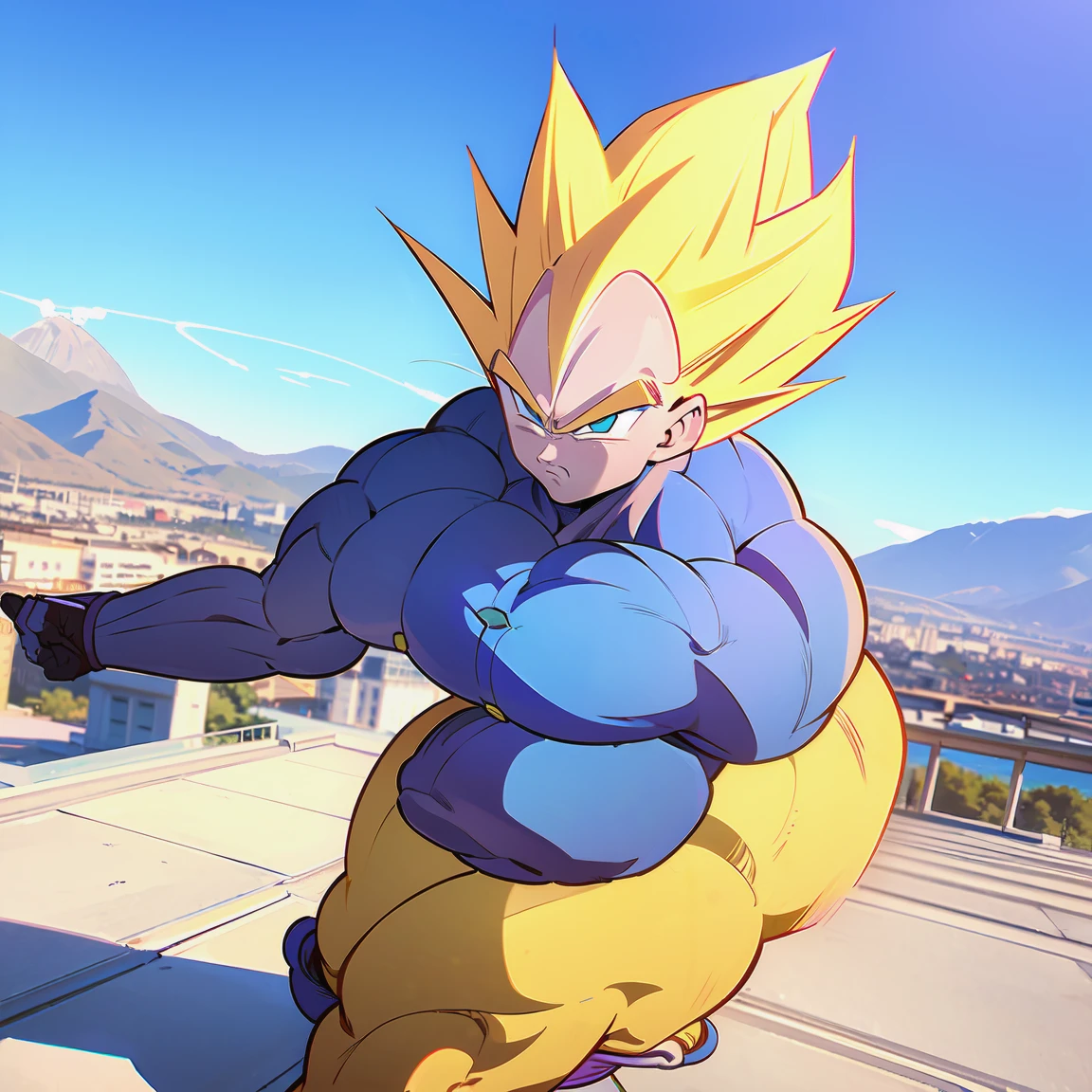 1boy, vegetass2, bodysuit, blue bodysuit, looking at viewer, blonde hair, gloves, green eyes, male focus, white gloves, armor, muscular, spiked hair, saiyan armor, from Dragon Ball Z, straddle stance, (huge muscles:1.6), full body, yellow aura, electricity, Dragon Ball Z artstyle, in the style of Akira Toriyama, white tiled floor, outdoors, flat-top mountains, Extreme Wide shot, Low Angle Shot, , masterpiece, best quality, very aesthetic, absurdres