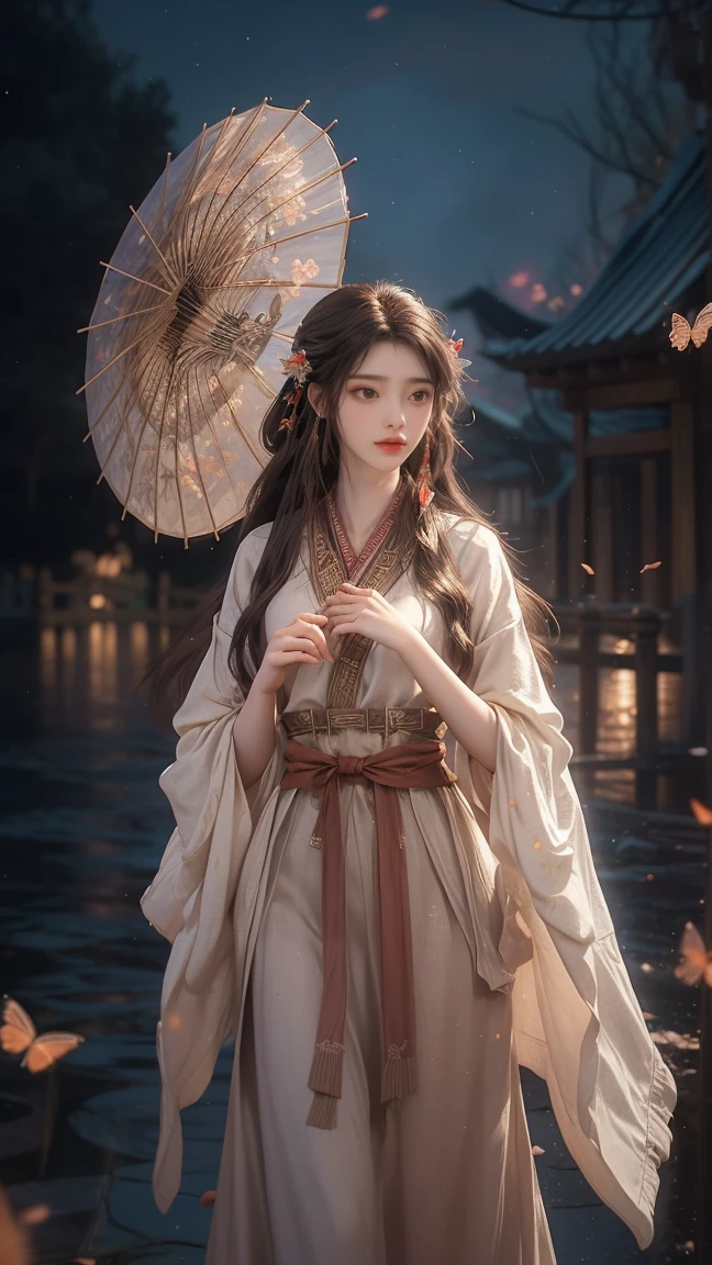 1girl, beautiful girl with long brown hair,Smiling sweetly, cheerfully, a girl wearing a hanfu, a girl standing under the moonlight with glowing butterflies surrounding her,The girl is holding a plain paper umbrella,The beautiful girl was so elegant and enchanting, flower petals fell around the girl, beautiful, magical, romantic
