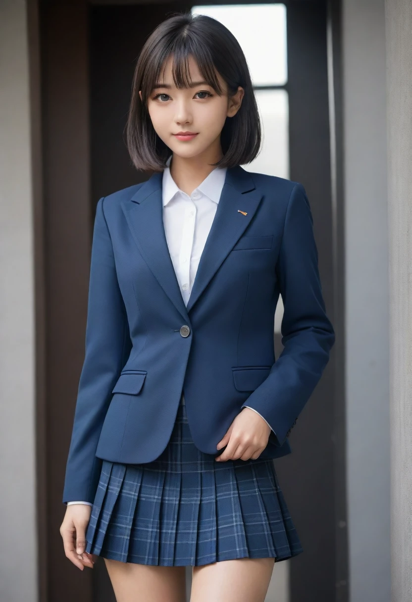 8K, Ultra-high resolution, Highest quality, masterpiece, 三分割法によるphotograph,Surreal, photograph, 1 Girl, (16 years old:1.3), pretty girl, Cute face, Beautiful eyes in every detail, 細かくdetailedに,masterpiece,, One Girl:1.2, Japan Female Announcer、Cowboy Shot,((very small head:1.3)),Center-parted bangs,amount,Black Hair,Short Bob,Long Hair,Iris,Gorgeous eyes,smile,((Toned body,Slender body,skinny)),(school uniform、Dark blue blazer jacket、Navy blue tie、Grey plaid pleated mini skirt,loafers),Glowing Skin,Shiny skin,Climbing the stairs,Fire escape in a building,Back view,Turn around and look at the audience,Beautiful leg line beauty,Captivating thighs,Full of sex appeal,Sensual,屈託のないsmile,Heal the heart,Ultra low angle、beauty,Long neck、Laugh a little、Please close your mouth and laugh、(((Ideal body type))),A cup small breasts :2,、Portraiture:2、Perfect ???????、鮮明なdetailed、detailed、Surreal、Light and shadow,Strong light