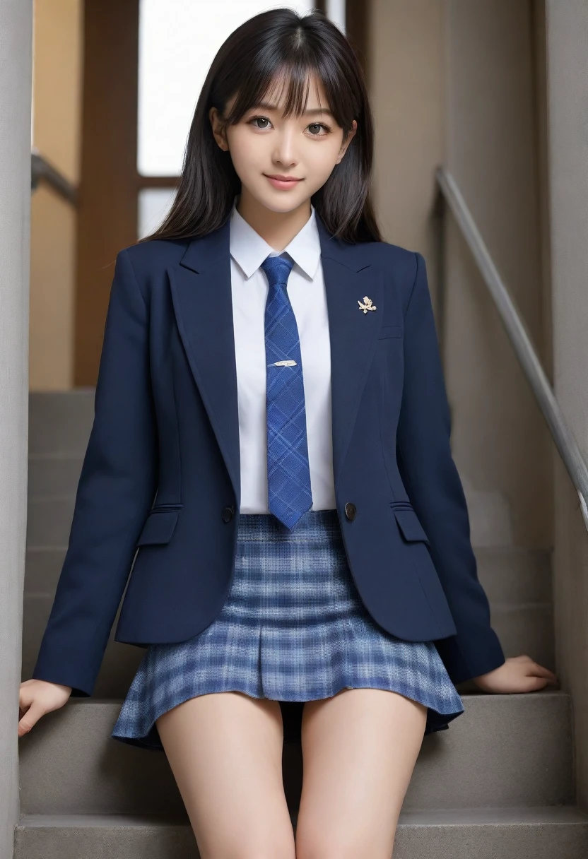8K, Ultra-high resolution, Highest quality, masterpiece, 三分割法によるphotograph,Surreal, photograph, 1 Girl, (16 years old:1.3), pretty girl, Cute face, Beautiful eyes in every detail, 細かくdetailedに,masterpiece,, One Girl:1.2, Japan Female Announcer、Cowboy Shot,((very small head:1.3)),Center-parted bangs,amount,Black Hair,Short Bob,Long Hair,Iris,Gorgeous eyes,smile,((Toned body,Slender body,skinny)),(school uniform、Dark blue blazer jacket、Navy blue tie、Grey plaid pleated mini skirt,loafers),Glowing Skin,Shiny skin,Climbing the stairs,Fire escape in a building,Back view,Turn around and look at the audience,Beautiful leg line beauty,Captivating thighs,Full of sex appeal,Sensual,屈託のないsmile,Heal the heart,Ultra low angle、beauty,Long neck、Laugh a little、Please close your mouth and laugh、(((Ideal body type))),A cup small breasts :2,、Portraiture:2、Perfect Anatomy、鮮明なdetailed、detailed、Surreal、Light and shadow,Strong light