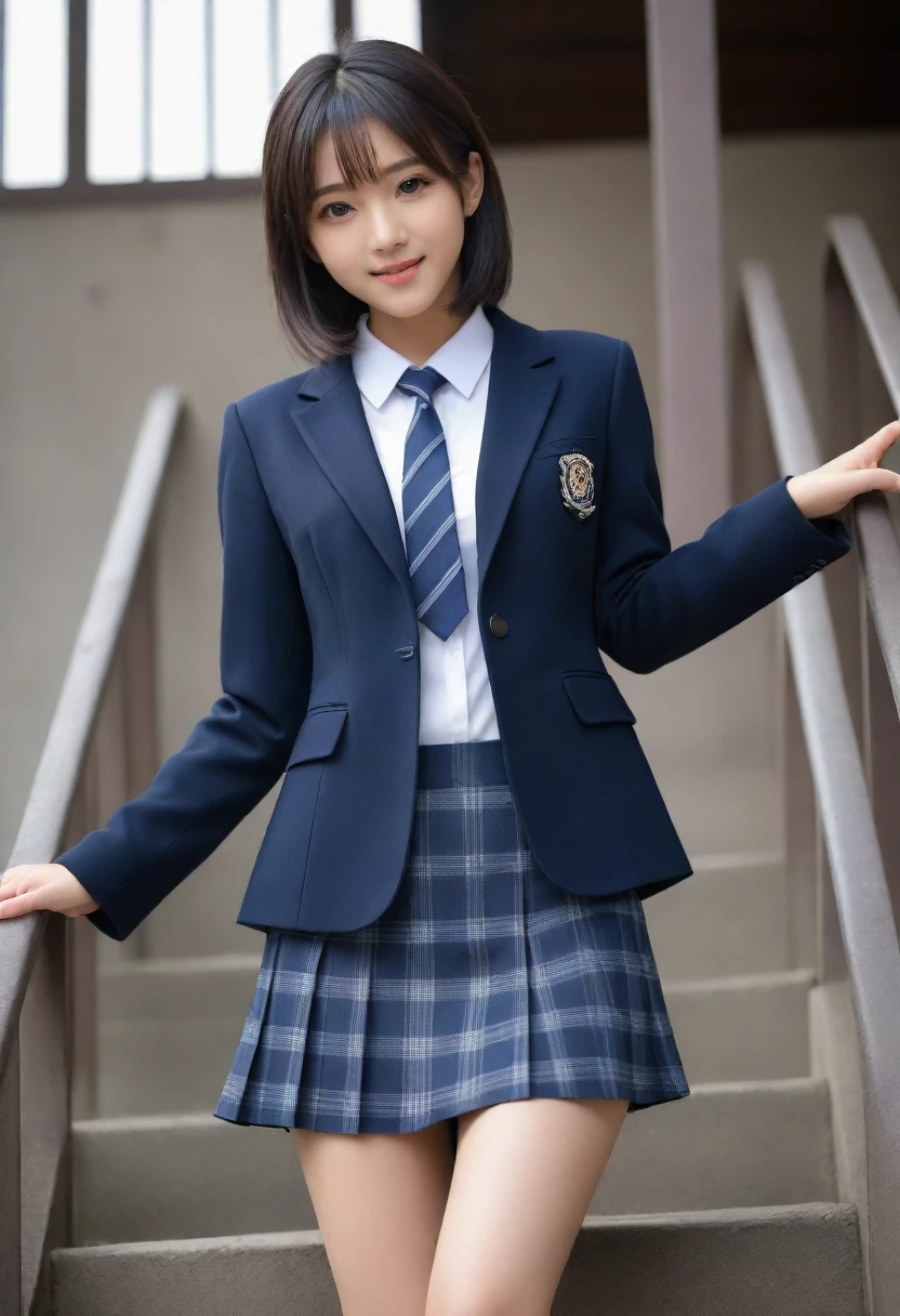 8K, Ultra-high resolution, Highest quality, masterpiece, 三分割法によるphotograph,Surreal, photograph, 1 Girl, (:1.3), pretty girl, Cute face, Beautiful eyes in every detail, 細かくdetailedに,masterpiece,, One Girl:1.2, Japan Female Announcer、Cowboy Shot,((very small head:1.3)),Center-parted bangs,amount,Black Hair,Short Bob,Long Hair,Iris,Gorgeous eyes,smile,((Toned body,Slender body,skinny)),(school uniform、Dark blue blazer jacket、Navy blue tie、Grey plaid pleated mini skirt,loafers),Glowing Skin,Shiny skin,Climbing the stairs,Fire escape in a building,Back view,Turn around and look at the audience,Beautiful leg line beauty,Captivating thighs,Full of sex appeal,Sensual,屈託のないsmile,Heal the heart,Ultra low angle、beauty,Long neck、Laugh a little、Please close your mouth and laugh、(((Ideal body type))),A cup small breasts :2,、Portraiture:2、Perfect Anatomy、鮮明なdetailed、detailed、Surreal、Light and shadow,Strong light