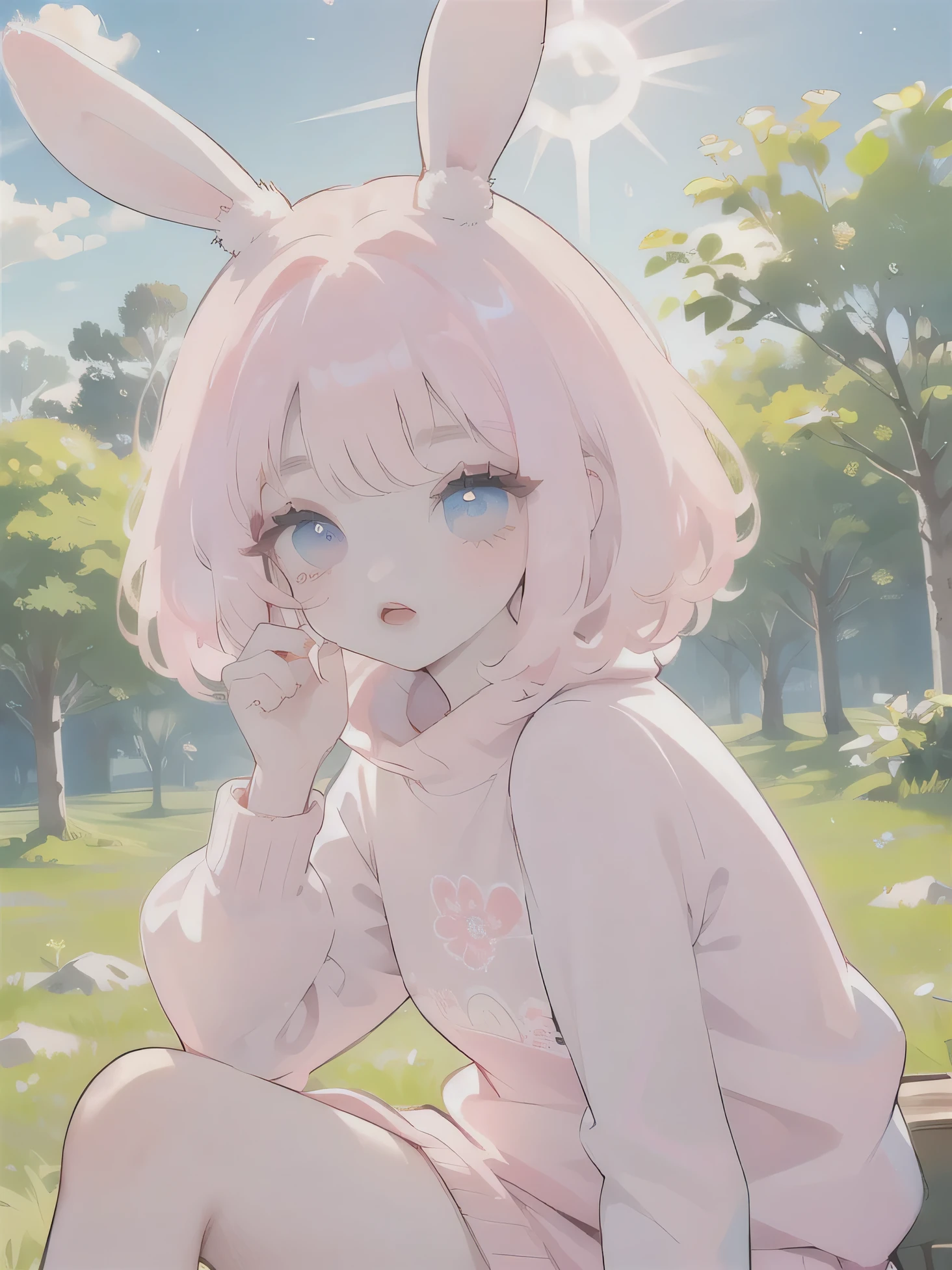 (high quality) (best quality) (a woman) (correct physiognomy) (perfect students) (perfect eyes) anime woman, deep pink long and fluffy hair pink, two rabbit ears coming out of her head, blue eyes, lips sensitive, feminine appearance, soft facial features, thin eyebrows, soft skin, rosy cheeks, pink lips, silky eyelashes, dreamy expression, middle age, youthful clothing, print sweatshirt, photo illuminated by sunlight, Woman sitting on forest.