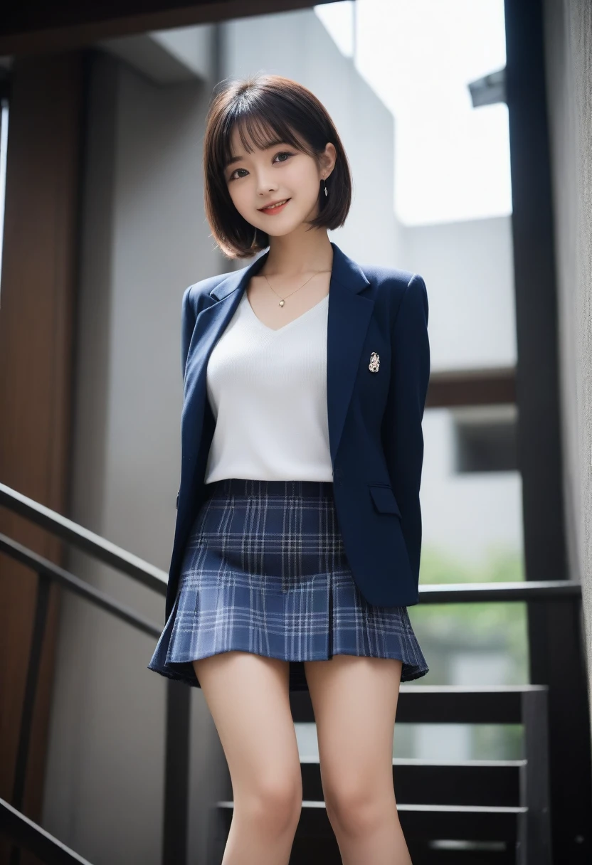 8K, Ultra-high resolution, Highest quality, masterpiece, 三分割法によるphotograph,Surreal, photograph, 1 Girl, (:1.3), pretty girl, Cute face, Beautiful eyes in every detail, 細かくdetailedに,masterpiece,, One Girl:1.2, Japan Female Announcer、Cowboy Shot,((very small head:1.3)),Center-parted bangs,amount,Black Hair,Short Bob,Long Hair,Iris,Gorgeous eyes,smile,((Toned body,Slender body,skinny)),(school uniform、Dark blue blazer jacket、Navy blue tie、Grey plaid pleated mini skirt,loafers),Glowing Skin,Shiny skin,Climbing the stairs,Fire escape in a building,Back view,Turn around and look at the audience,Beautiful leg line beauty,Captivating thighs,Full of sex appeal,Sensual,屈託のないsmile,Heal the heart,Ultra low angle、beauty,Long neck、Laugh a little、Please close your mouth and laugh、(((Ideal body type))),A cup small breasts :2,、Portraiture:2、Perfect Anatomy、鮮明なdetailed、detailed、Surreal、Light and shadow,Strong light
