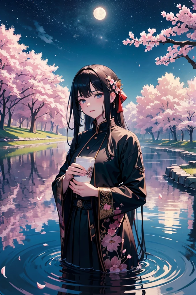 beautiful lips, cinematic, (work of art), (best qualityer), (ultra detali), very aesthetic, illustration, perfect composition, intricate details, absurderes, face detailed, (アニメ, work of art, intricate:1.3), (best qualityer, hire textures, high détail:1.2), (4K),(incredibily detailed:1.4) 《work of art》, 《best qualityer》, 《ultra detali》, hot spring, mist, stones, Cherry blossoms, glittery mist, moonlights, sky, lots of stars in the sky, water reflections of the night sky, floating lanterns above the water, flower petals in water, moon in the sky, Estilo de arte アニメ, worldofmist,