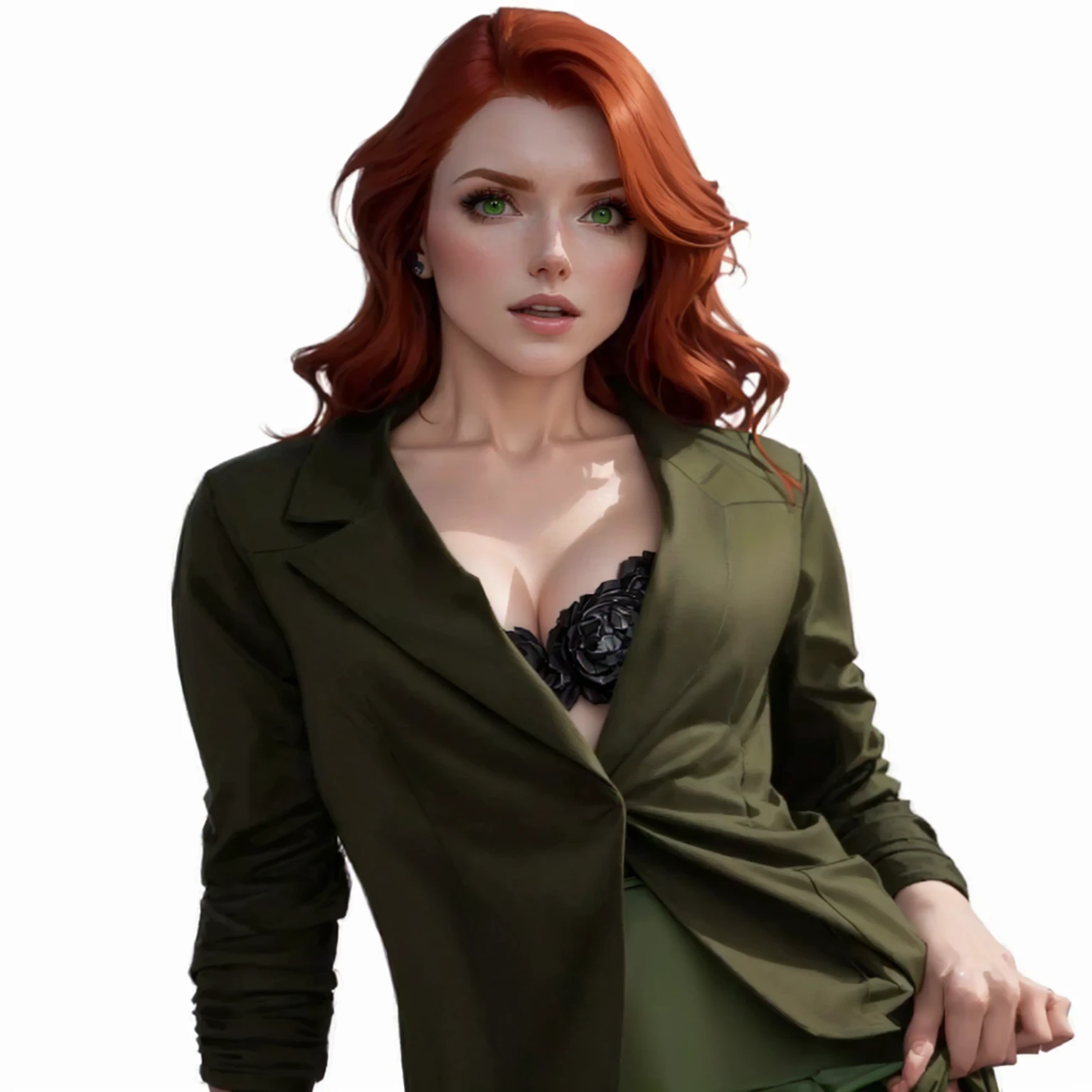 a close up of a woman in a green jacket and green skirt, amouranth, better known as amouranth, cyarine, young beautiful amouranth, amouranth as a super villain, redhead woman, triss merigold cosplay, felicia day, gorgeous stella maeve magician, beautiful stella maeve magician, eleanor tomlinson