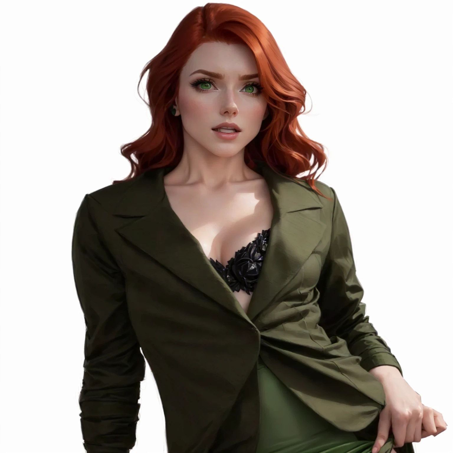 a close up of a woman in a green jacket and green skirt, amouranth, better known as amouranth, cyarine, young beautiful amouranth, amouranth as a super villain, redhead woman, triss merigold cosplay, felicia day, gorgeous stella maeve magician, beautiful stella maeve magician, eleanor tomlinson