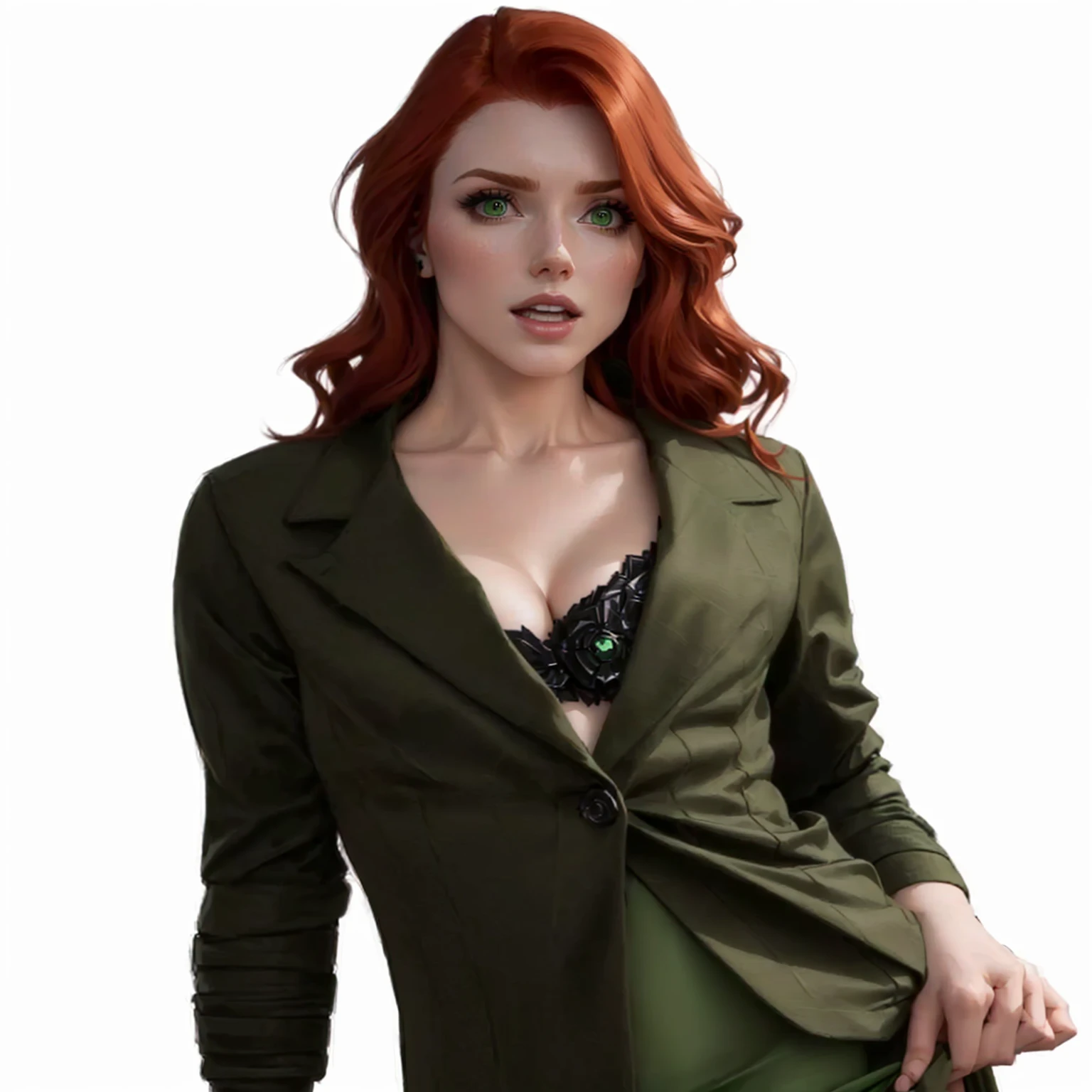 a close up of a woman in a green jacket and green skirt, amouranth, better known as amouranth, cyarine, young beautiful amouranth, amouranth as a super villain, redhead woman, triss merigold cosplay, felicia day, gorgeous stella maeve magician, beautiful stella maeve magician, eleanor tomlinson