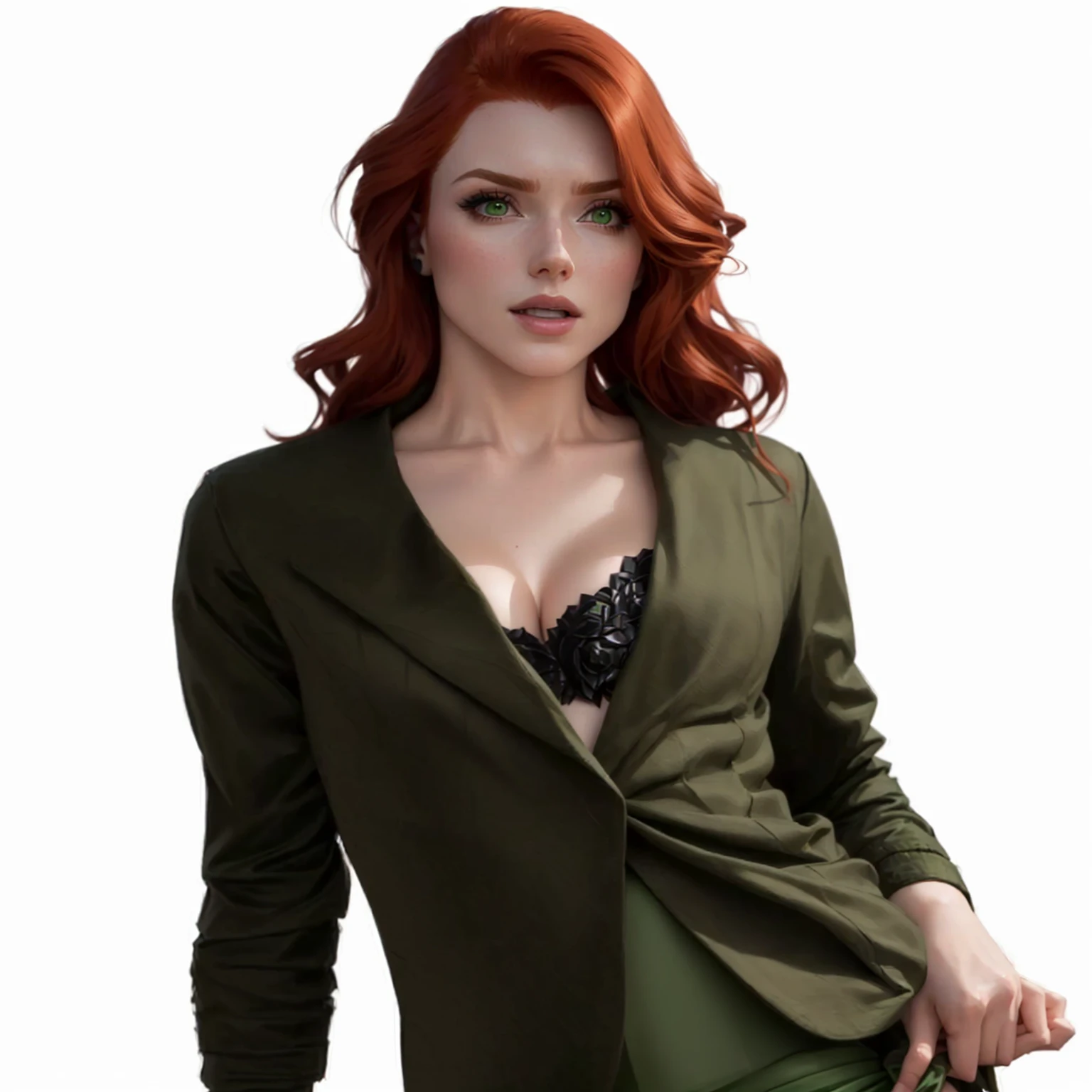 a close up of a woman in a green jacket and green skirt, amouranth, better known as amouranth, cyarine, young beautiful amouranth, amouranth as a super villain, redhead woman, triss merigold cosplay, felicia day, gorgeous stella maeve magician, beautiful stella maeve magician, eleanor tomlinson